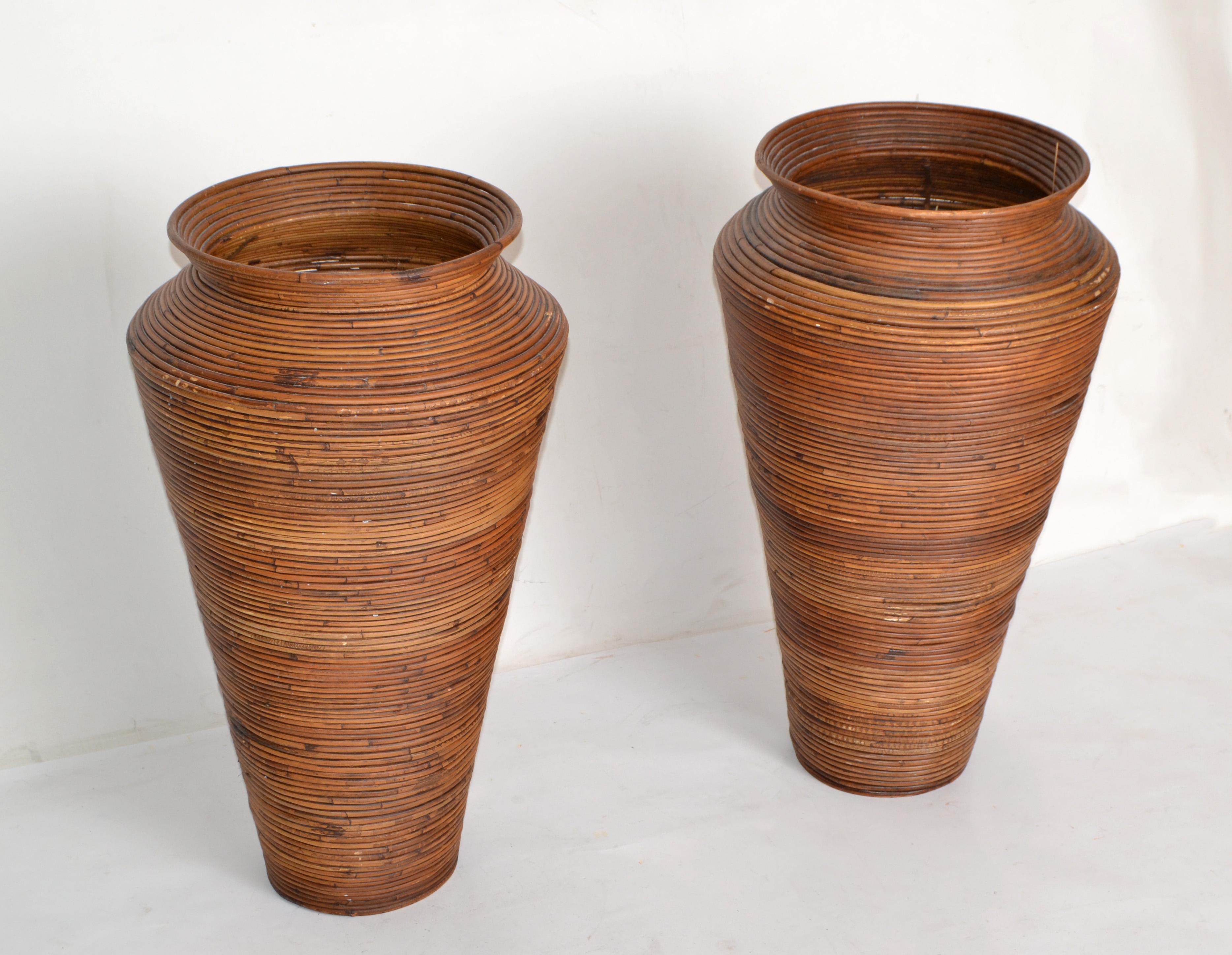 American Pair, Bohemian Pencil Reed Bamboo Handcrafted Tall Cone Shape Floor Vases For Sale