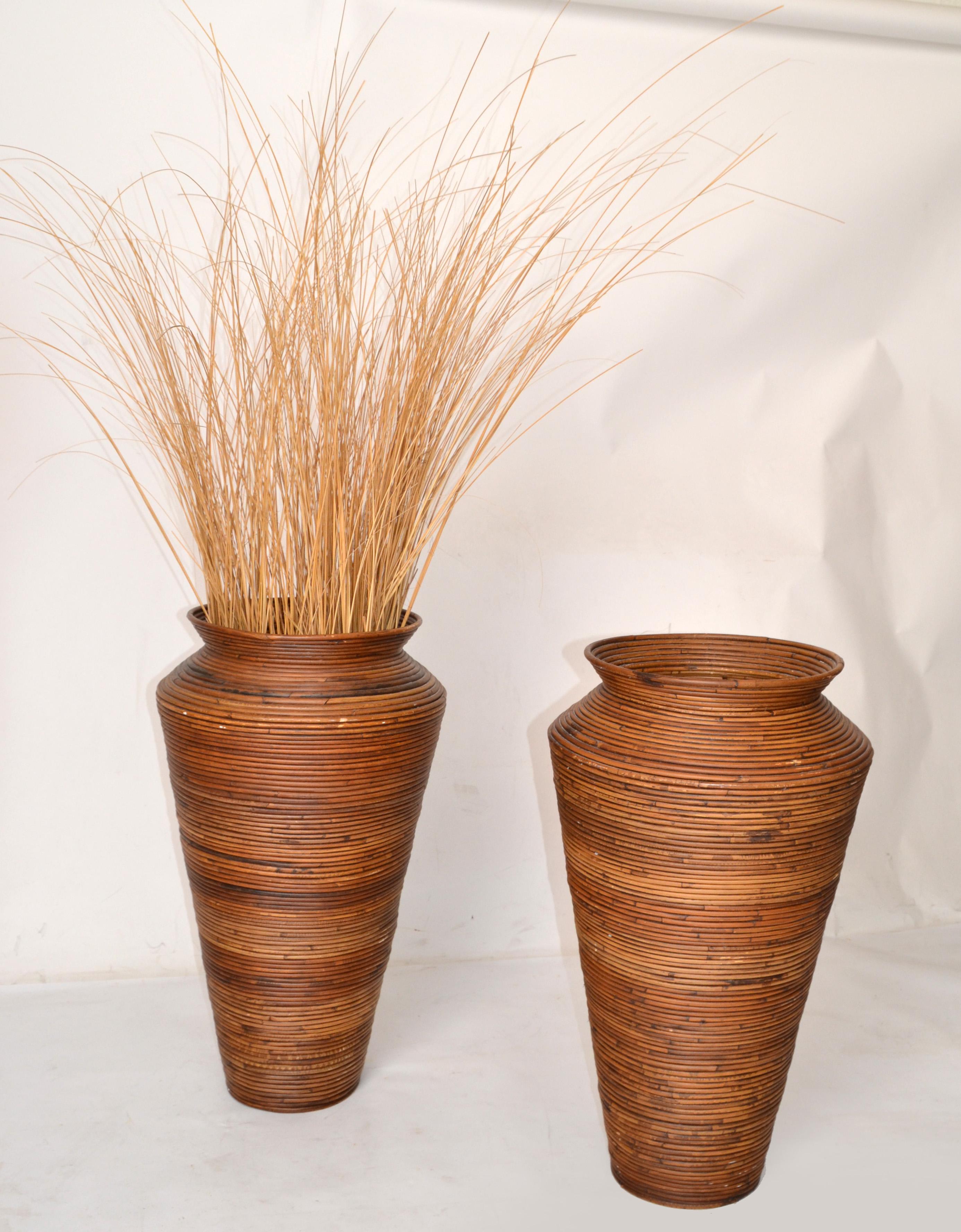 Hand-Crafted Pair, Bohemian Pencil Reed Bamboo Handcrafted Tall Cone Shape Floor Vases For Sale