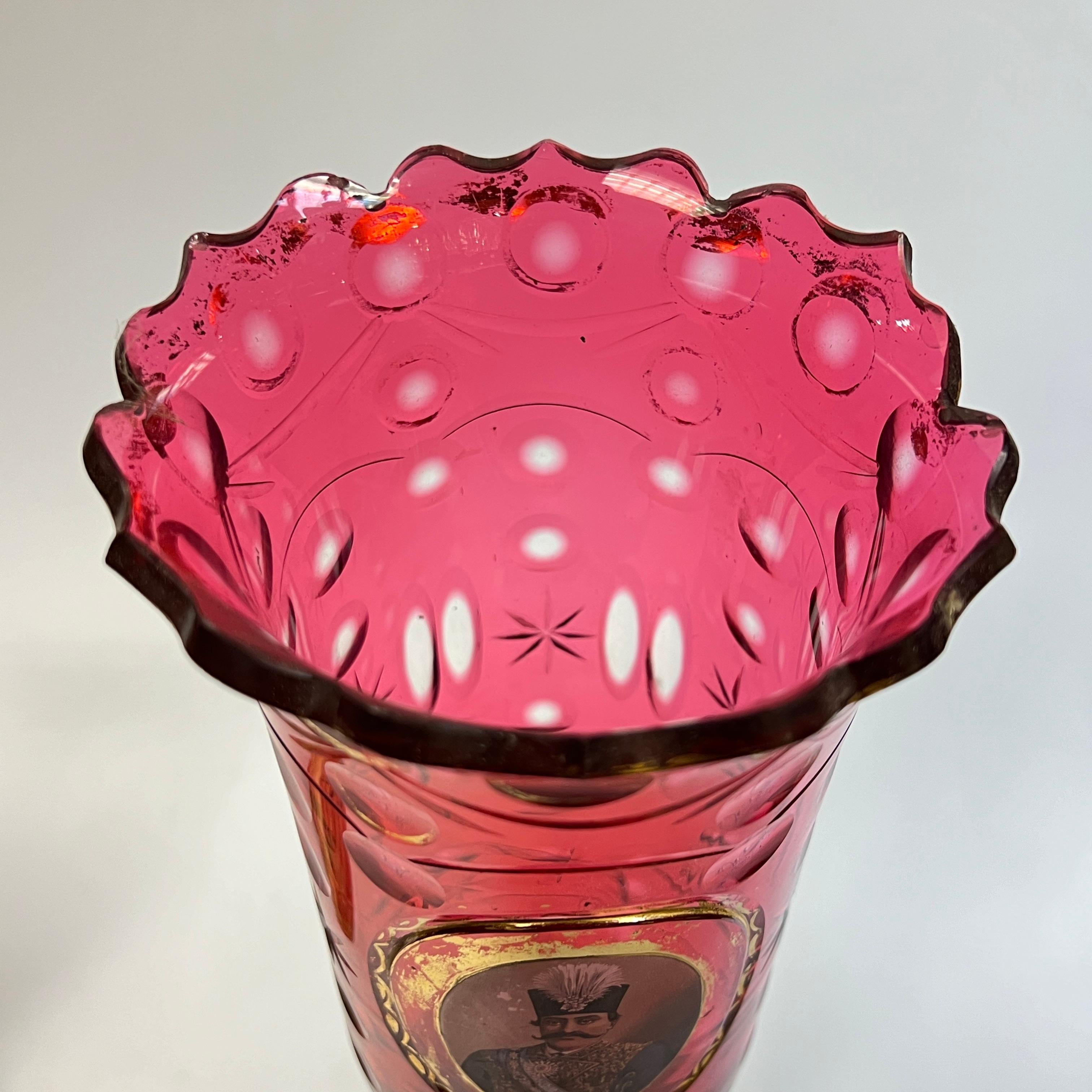 Czech Pair Bohemian Ruby Red Glass Russian Brass Candlesticks for the Persian Market