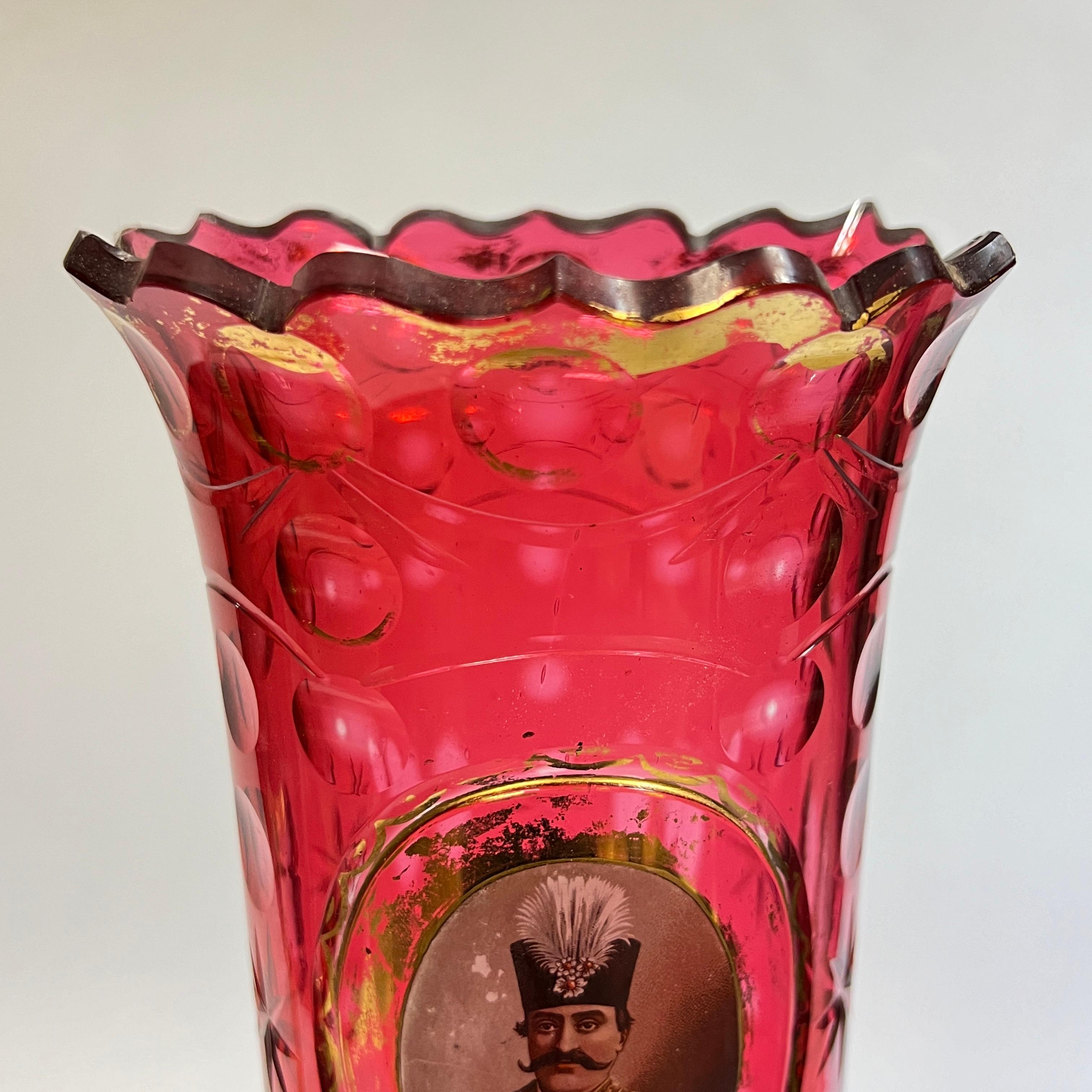Gilt Pair Bohemian Ruby Red Glass Russian Brass Candlesticks for the Persian Market