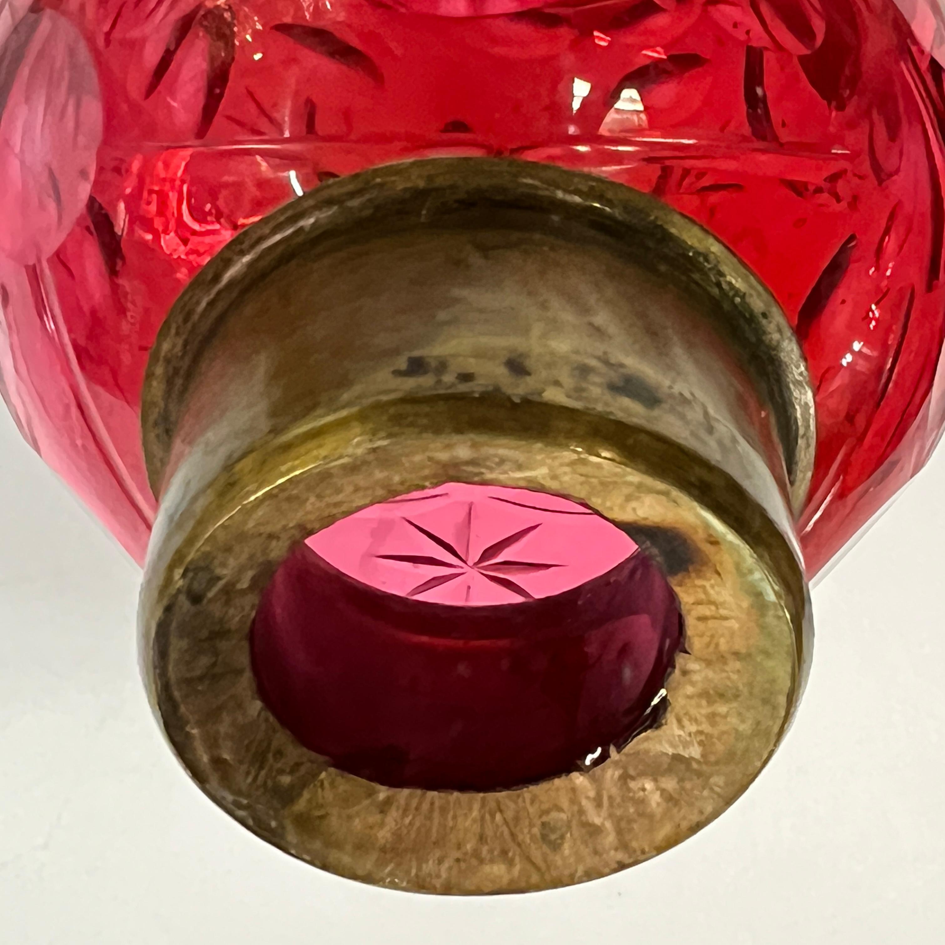 19th Century Pair Bohemian Ruby Red Glass Russian Brass Candlesticks for the Persian Market