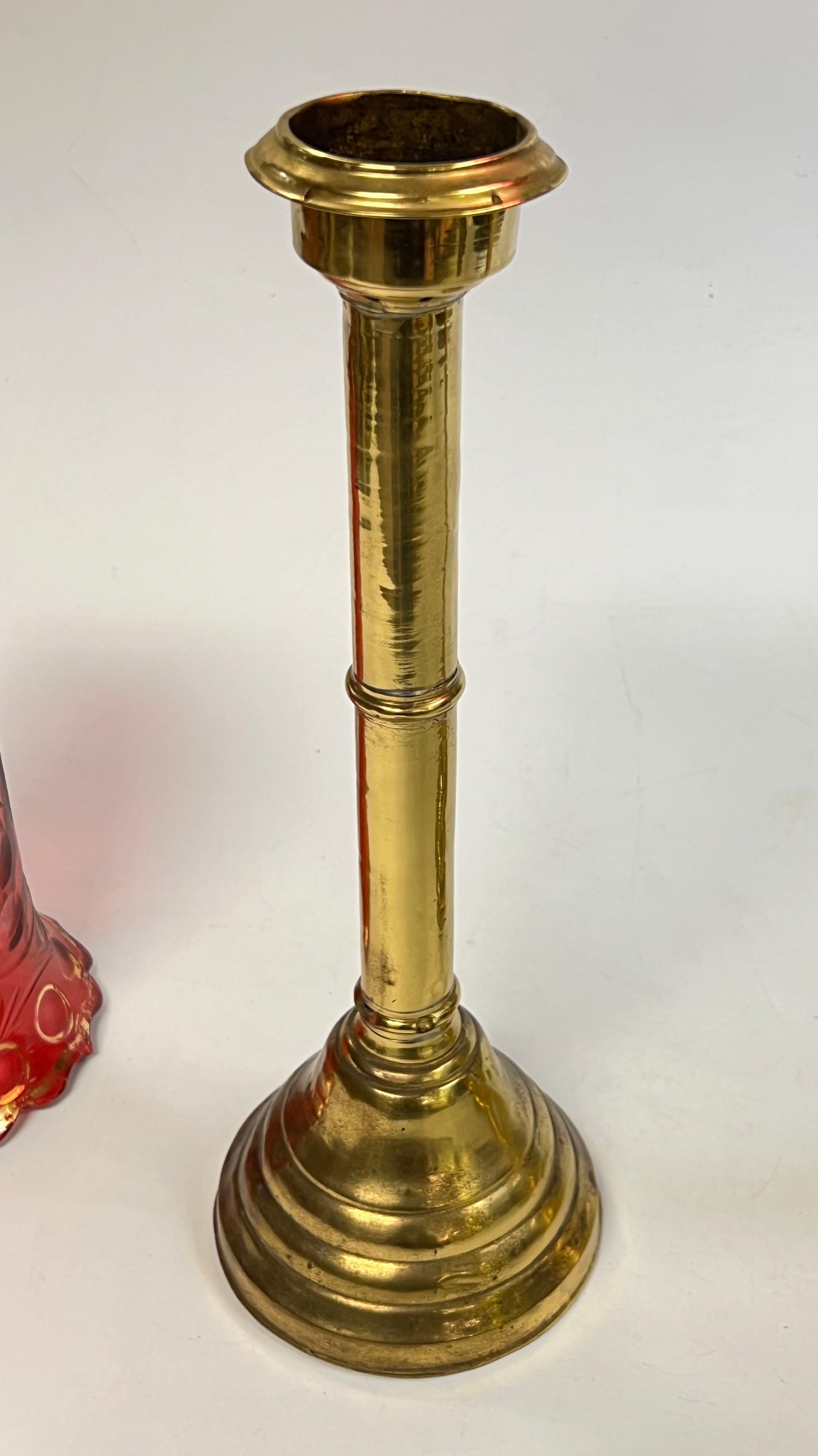 Pair Bohemian Ruby Red Glass Russian Brass Candlesticks for the Persian Market 1