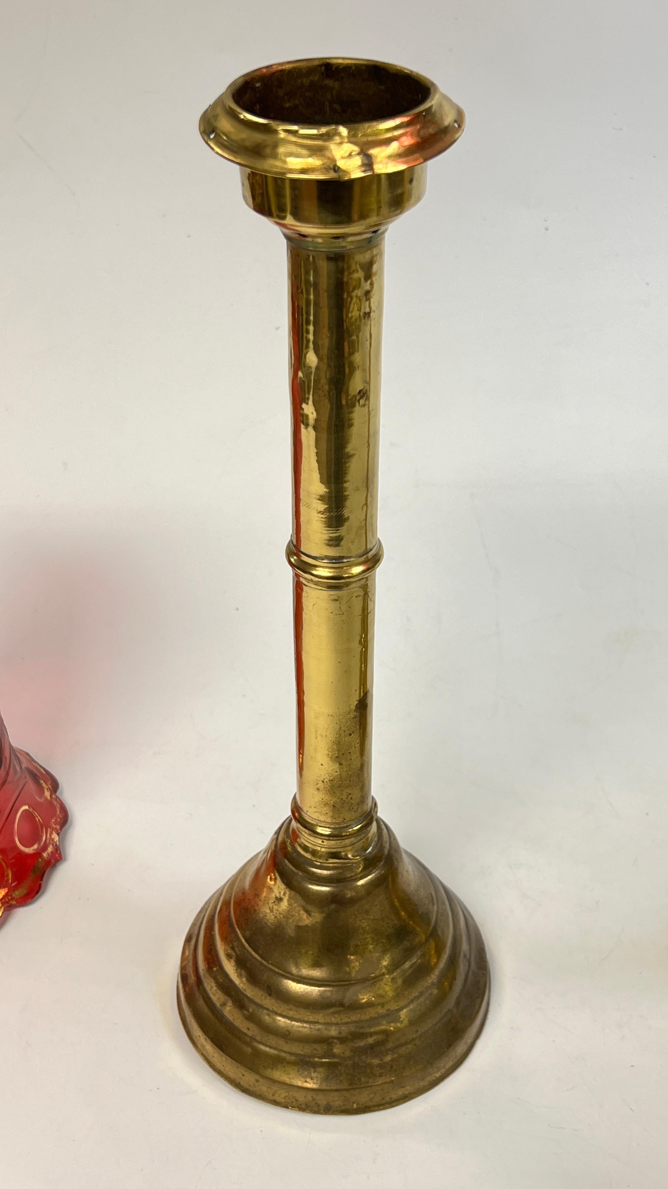 Pair Bohemian Ruby Red Glass Russian Brass Candlesticks for the Persian Market 2