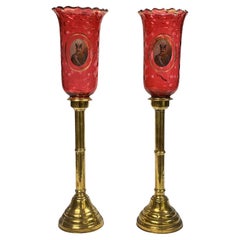 Pair Bohemian Ruby Red Glass Russian Brass Candlesticks for the Persian Market
