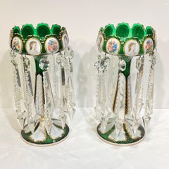 Pair Bohemian White Overlay Green Lusters / Candle Holders