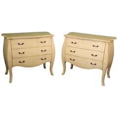 Pair of Bombe French Louis XV Style Creme Painted Commodes Chests Dressers