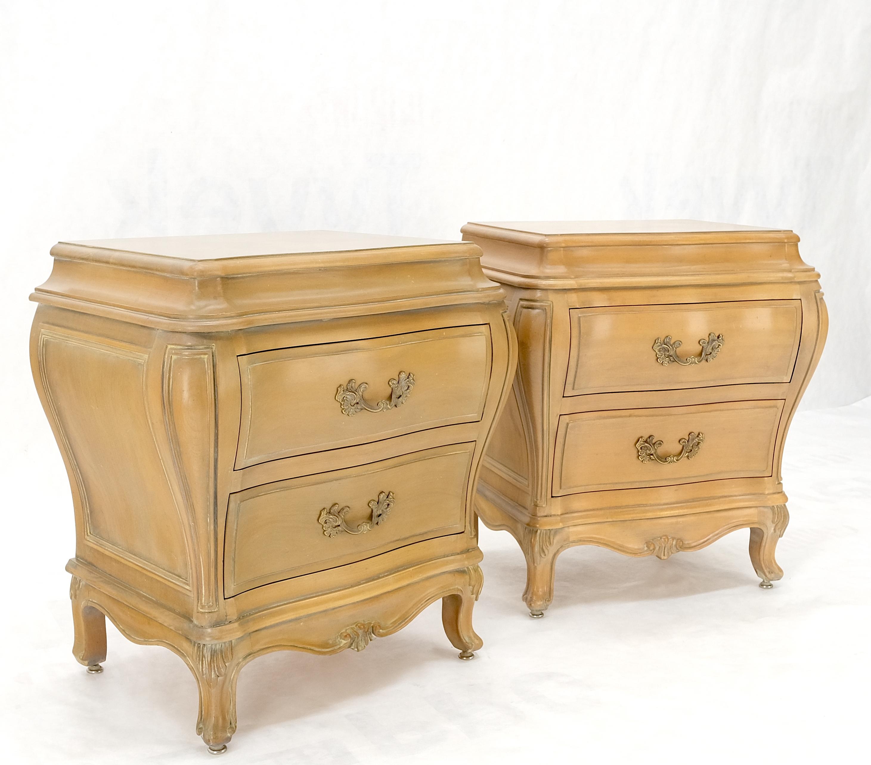 Pair Bombe White Wash Pickled Burl Wood Night Stands End Tables Brass Pulls Mint For Sale 5