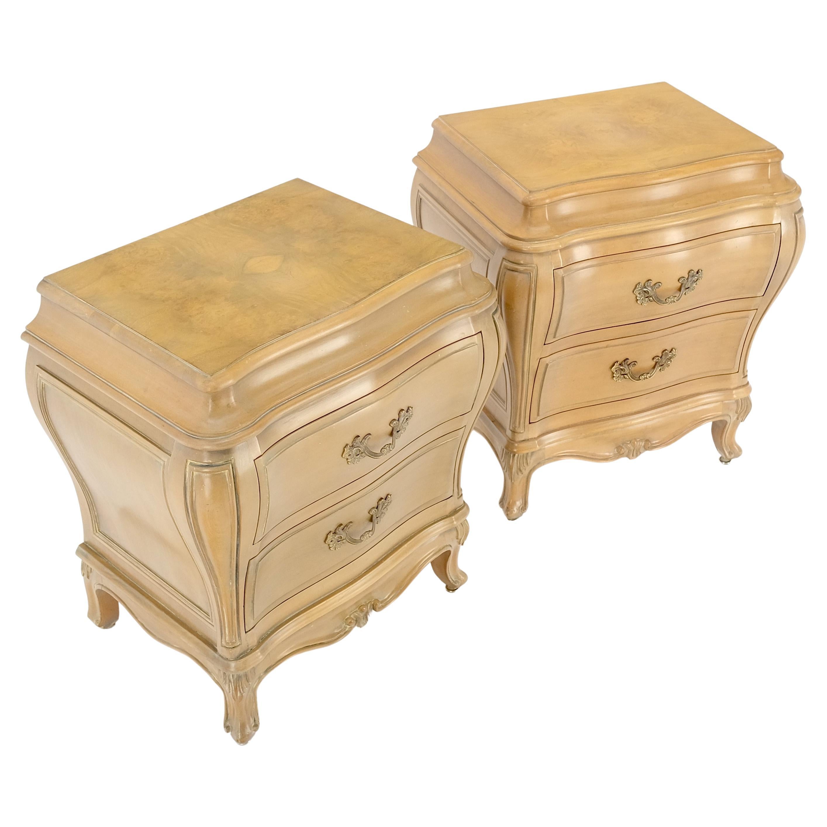 Pair of Country French Bombe white wash pickled burl wood night stands end tables brass pulls mint.