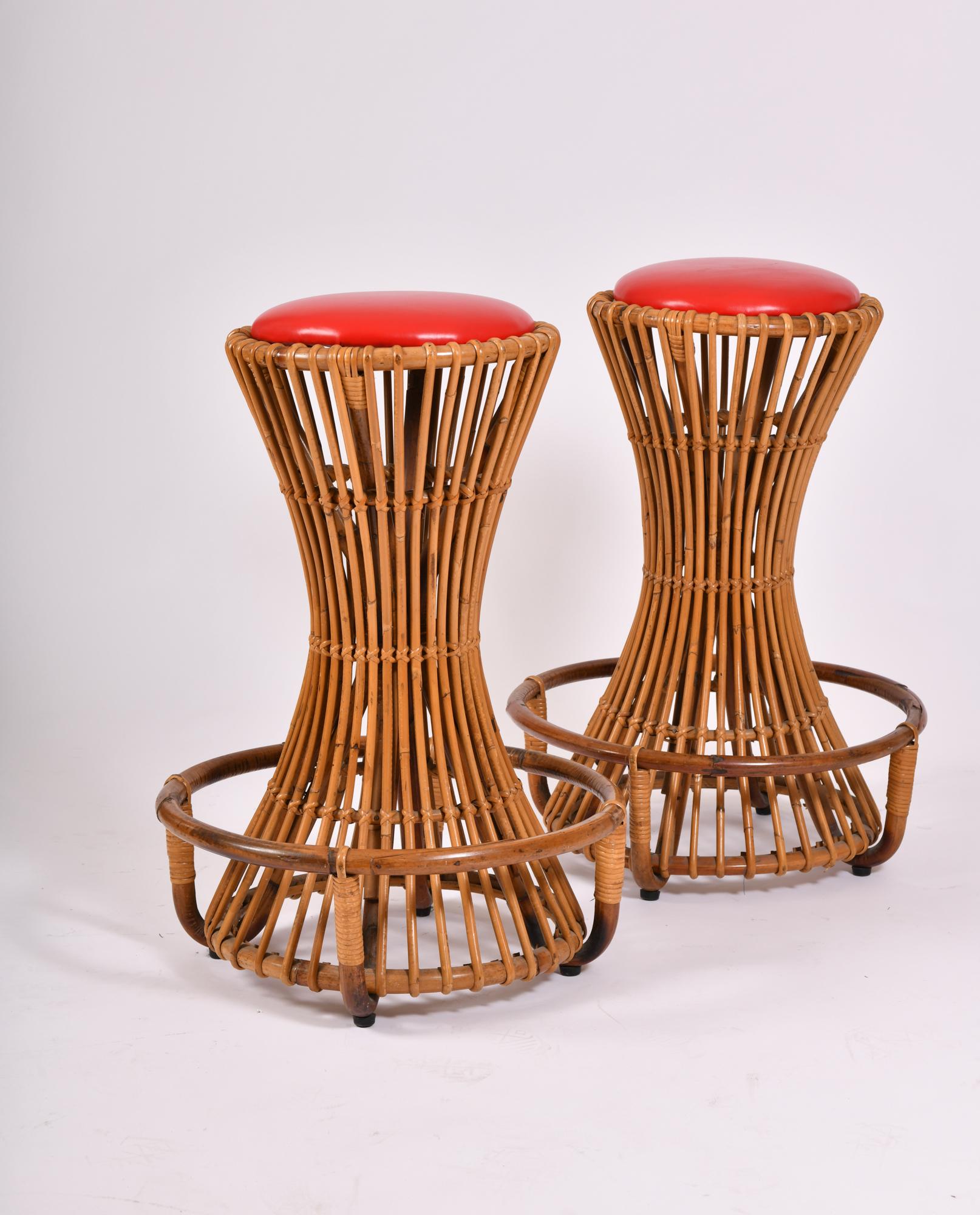 Wicker bamboo/rattan bar stools Italy, circa 1950.

** Now upholstered in a red mohair 4 way Knoll fabric... images coming soon!!
  