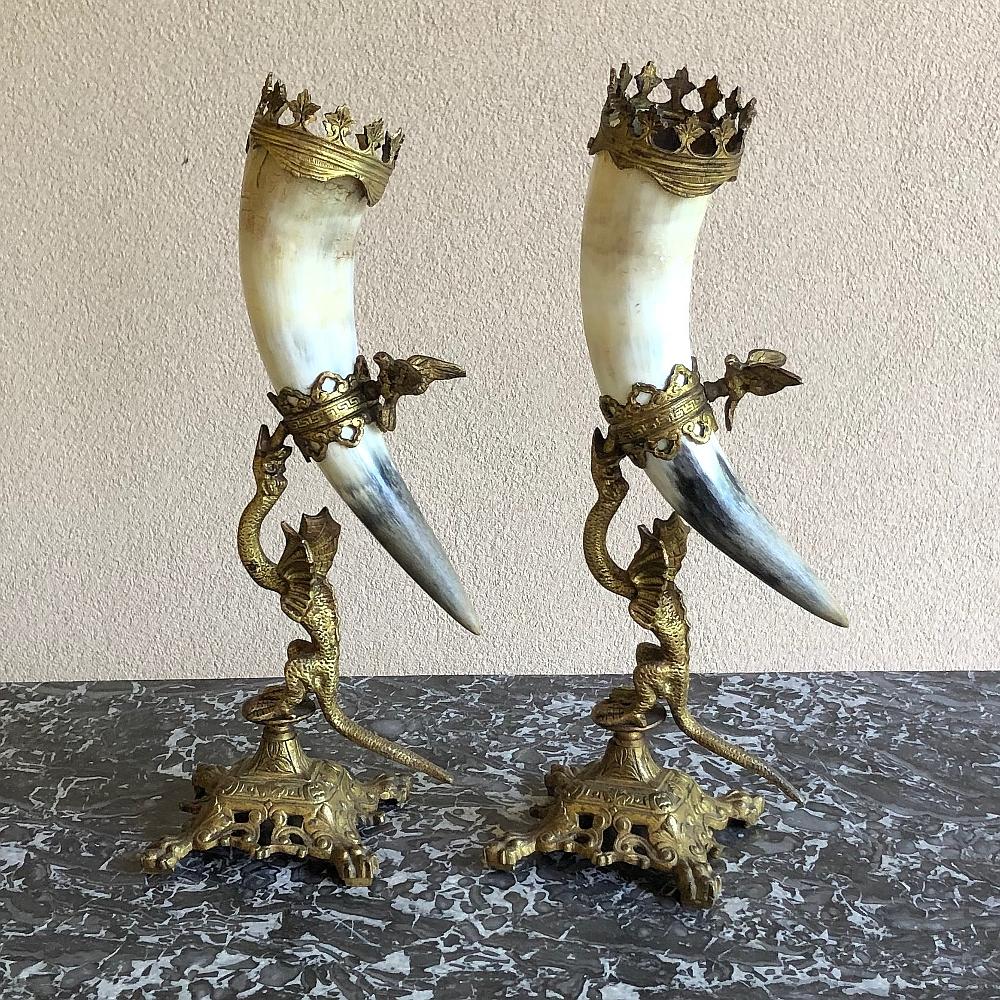 Gothic Revival Pair of Bookends, 19th Century Bronze-Mounted Horn