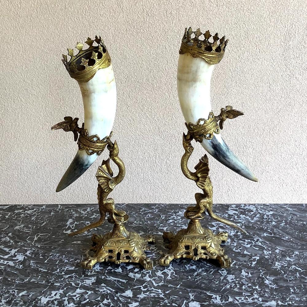 Hand-Crafted Pair of Bookends, 19th Century Bronze-Mounted Horn