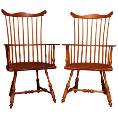 Vintage Pair of Boston Americana Handmade Fan-Back Oak Windsor Chairs, 20th Century