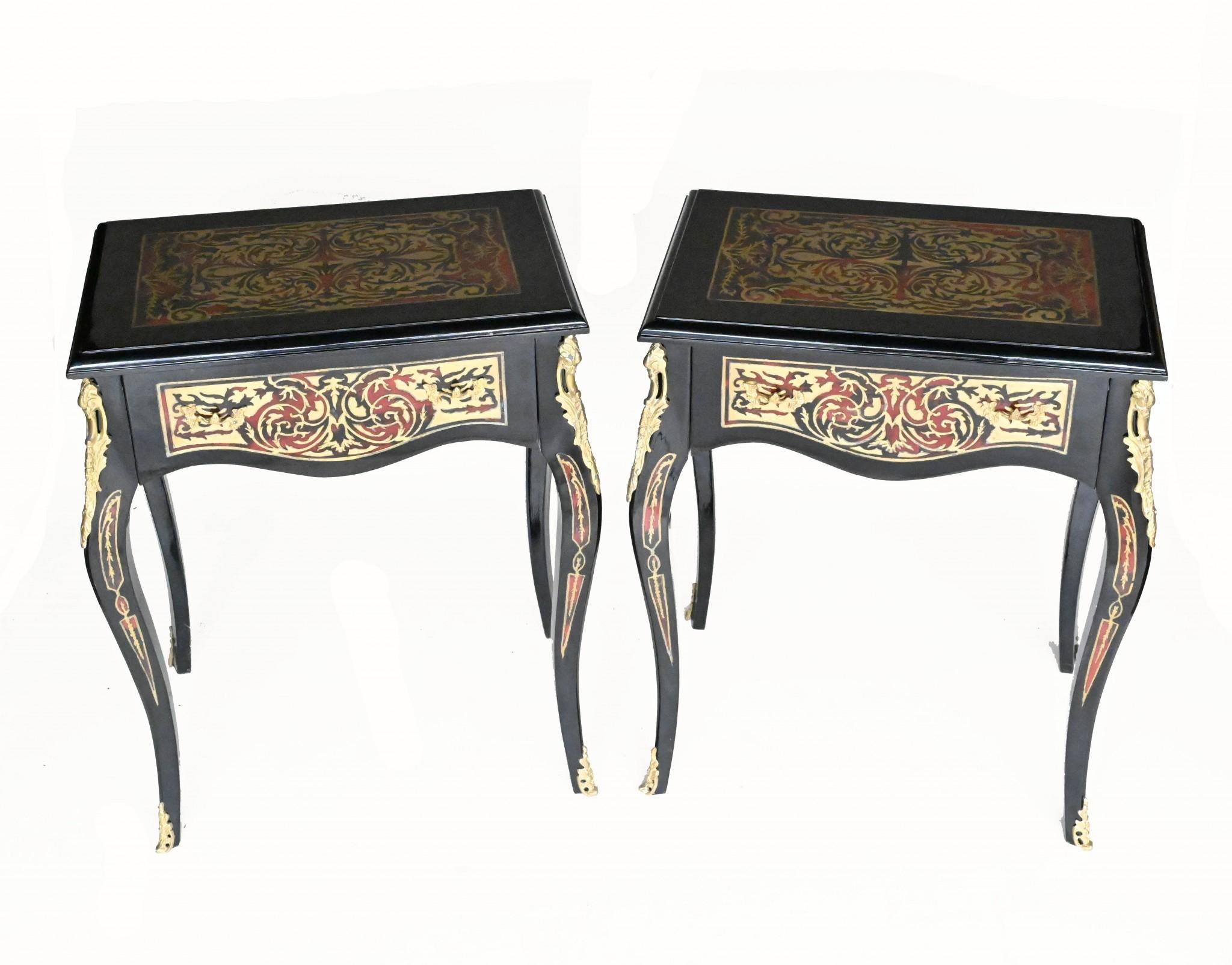 Stunning pair of French Boulle style side tables
Distinctive Boulle inlay with brass and tort designs hand cut
Bought from a dealer at Les Puces flea market in Paris
Lots of other Boulle pieces to match - Boulle desks, chests - etc so please get in