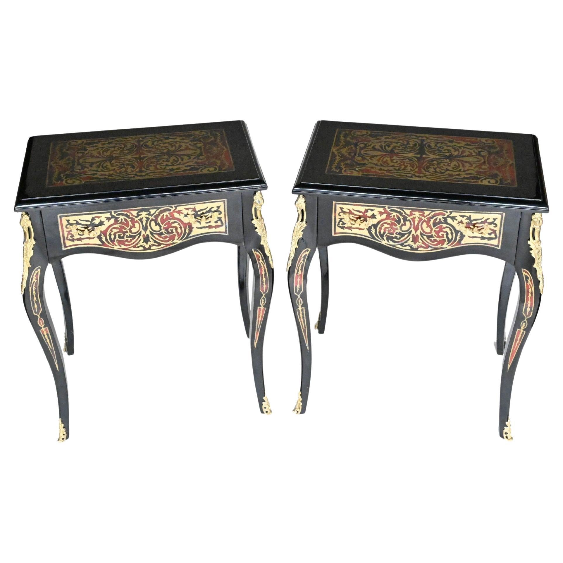 Pair Boulle Side Tables - Lacquer Inlay Cocktail Table