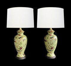Pair Bradburn Gallery Linen-over-plaster Lamps with Hand-painted Bird Motifs