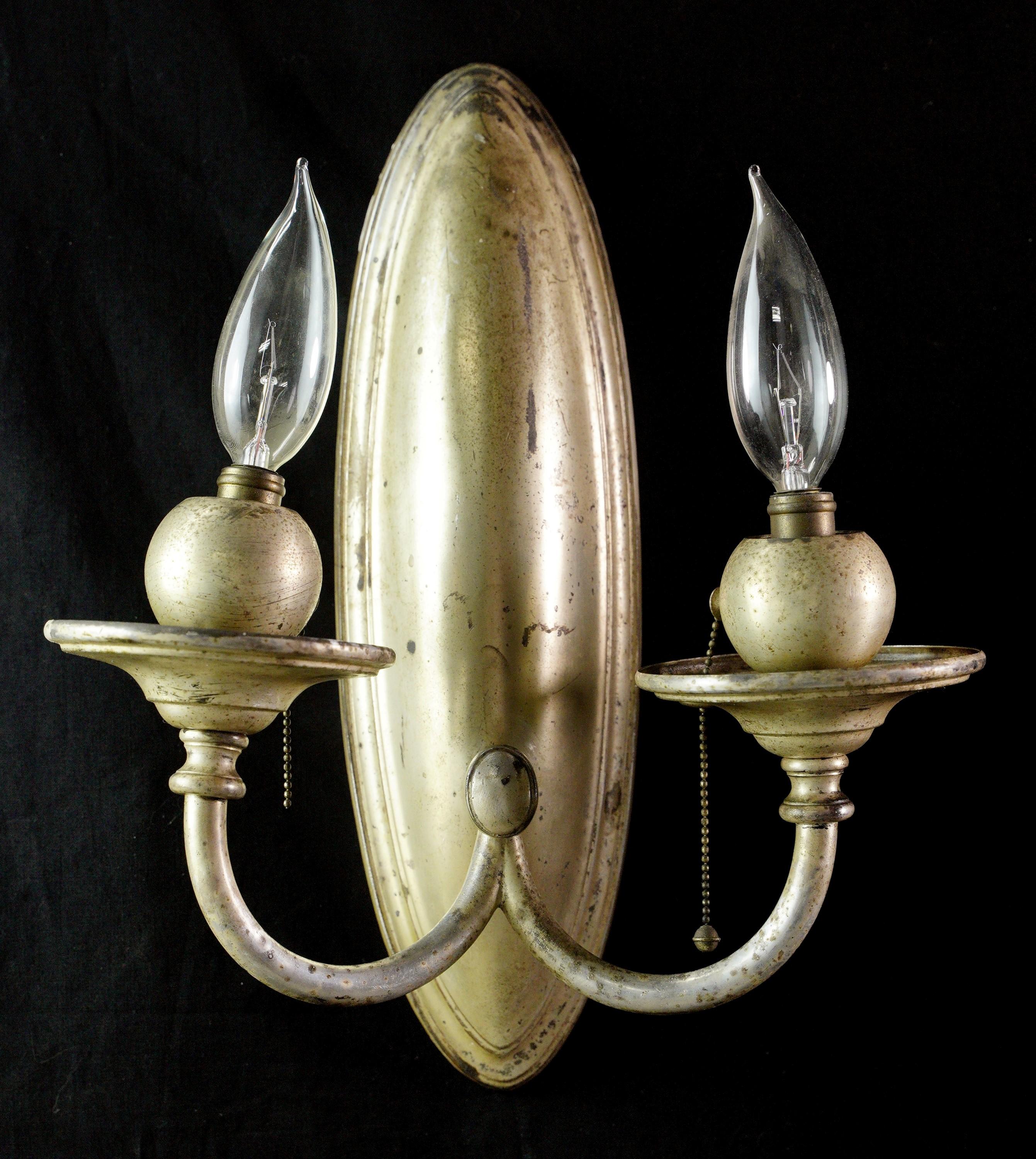 American Pair Bradley & Hubbard Silvered Brass 2 Arm Wall Sconces For Sale