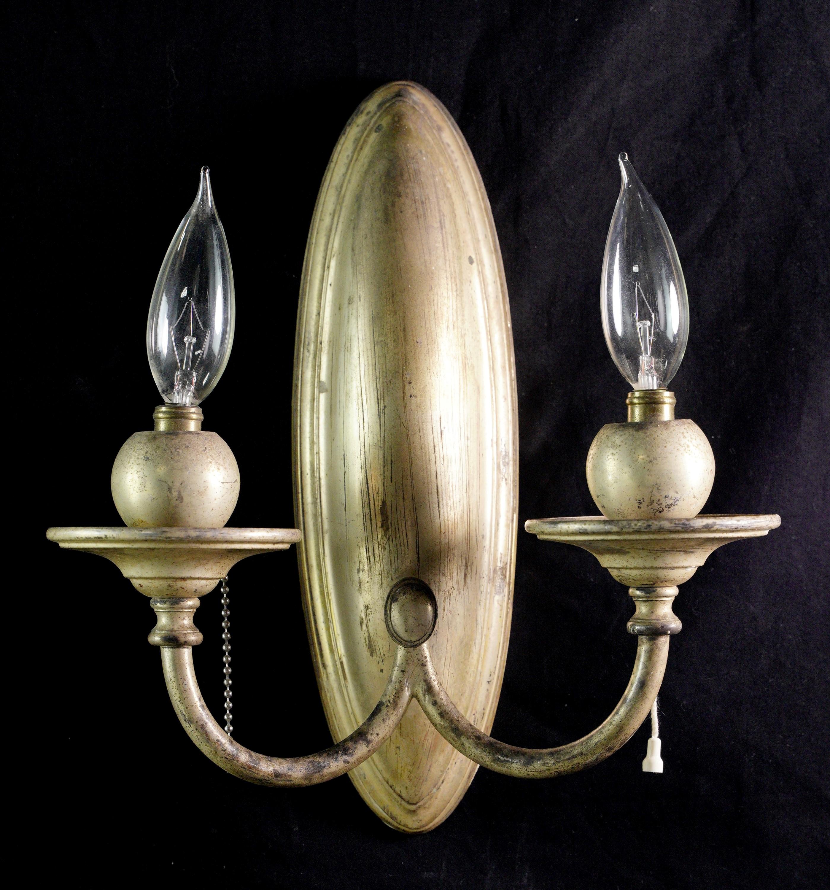 Pair Bradley & Hubbard Silvered Brass 2 Arm Wall Sconces In Good Condition For Sale In New York, NY