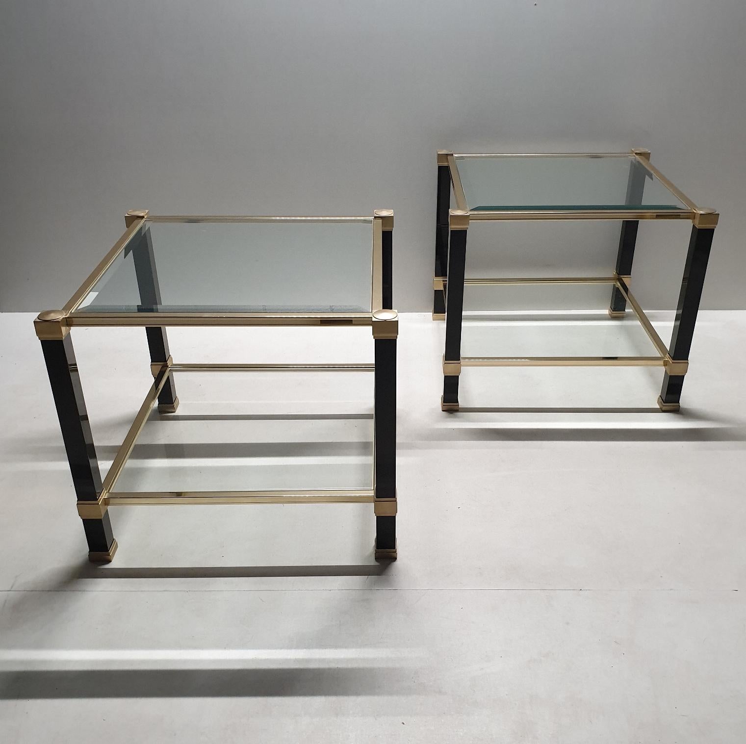 Hollywood Regency Pair of Brass 2-Tiers Square Site Tables by Pierre Vandel, 1980s, 1 Set of 2 For Sale