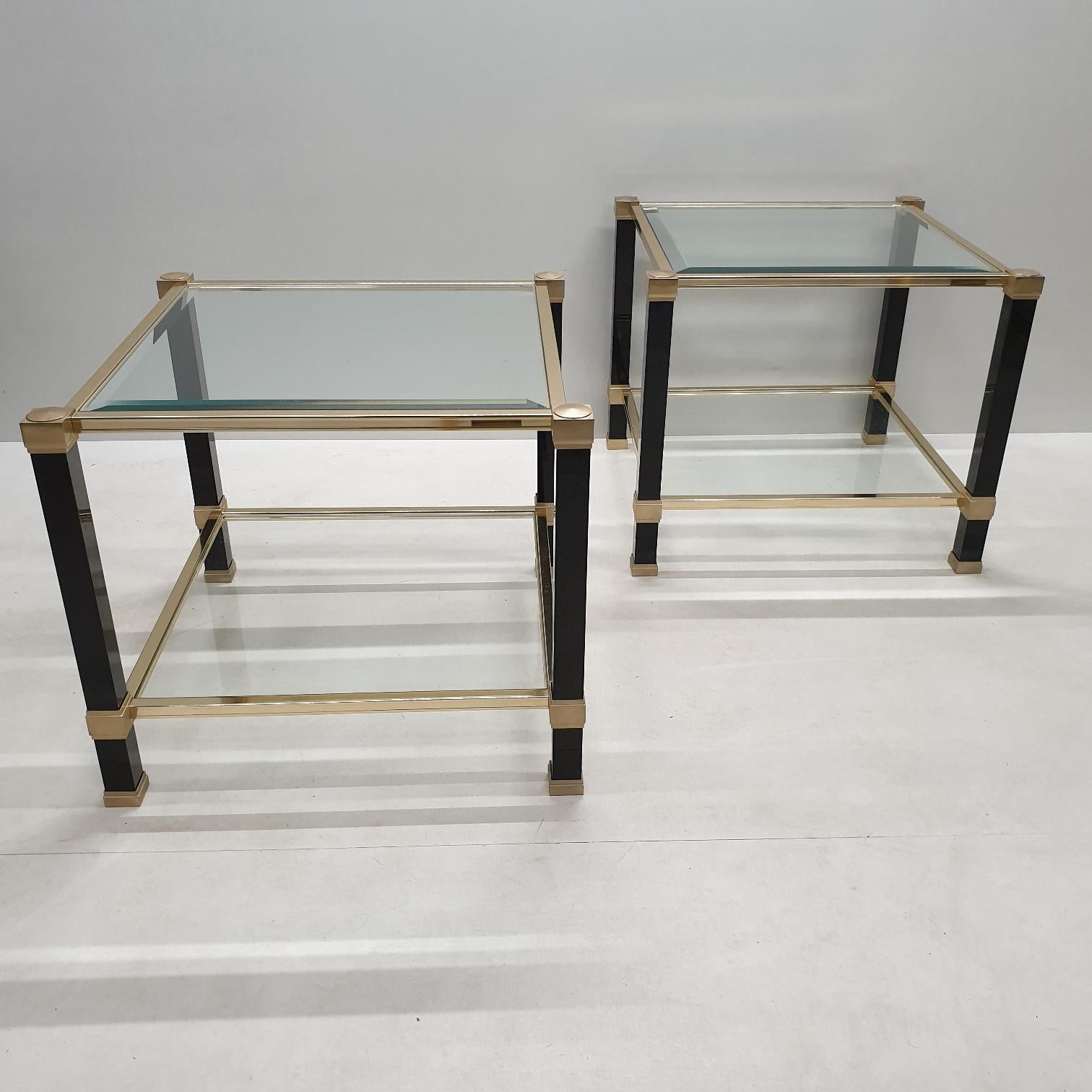 Faceted Pair of Brass 2-Tiers Square Site Tables by Pierre Vandel, 1980s, 1 Set of 2 For Sale
