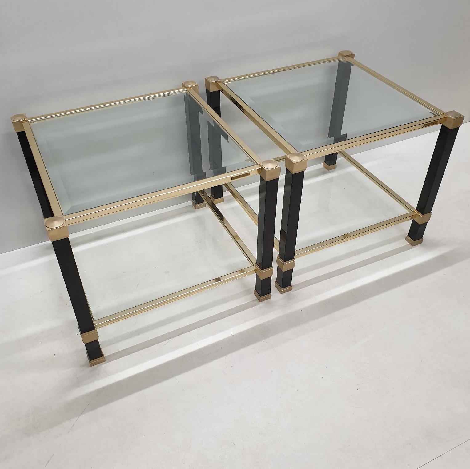 Pair of Brass 2-Tiers Square Site Tables by Pierre Vandel, 1980s, 1 Set of 2 In Good Condition For Sale In Valkenswaard, NL