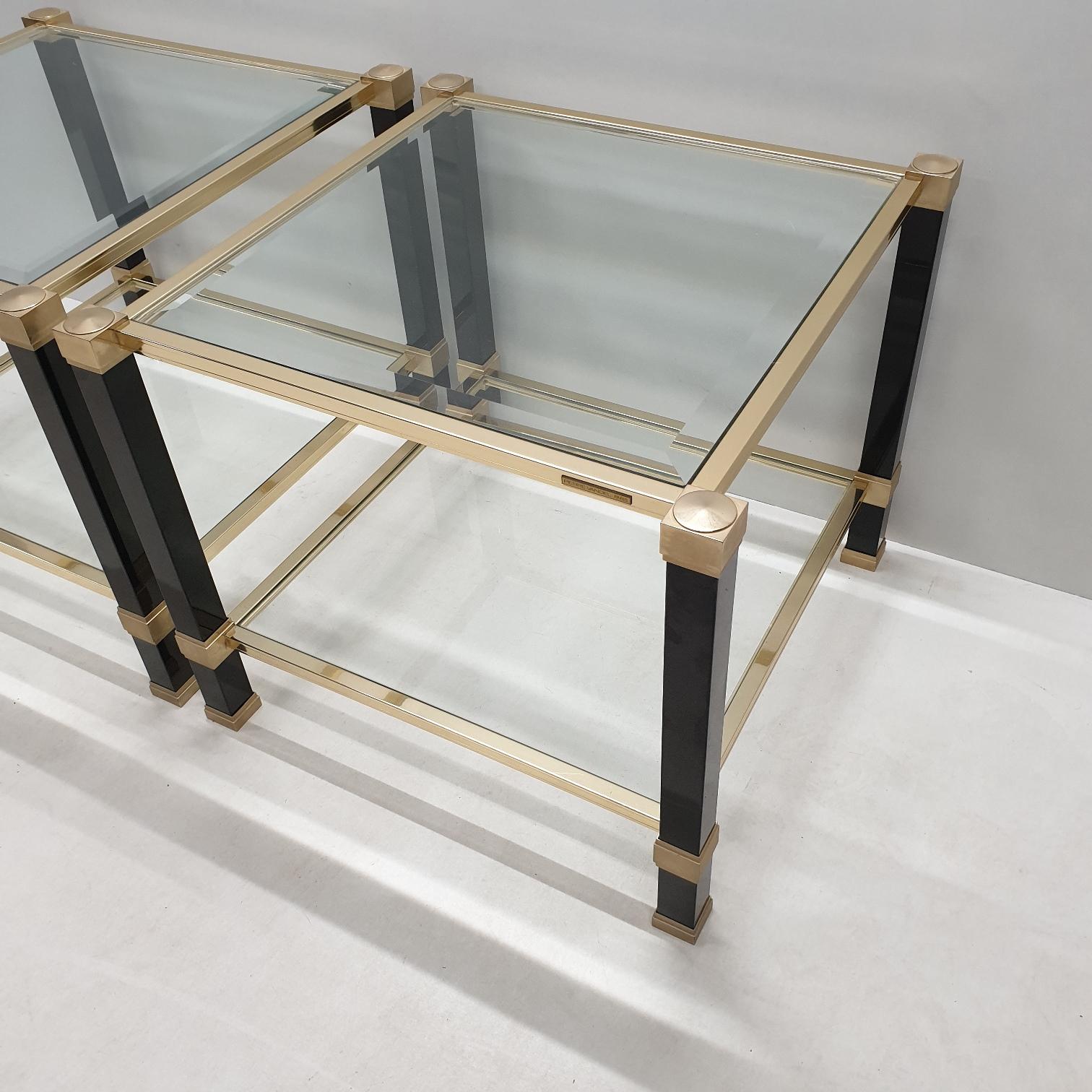 Cut Glass Pair of Brass 2-Tiers Square Site Tables by Pierre Vandel, 1980s, 1 Set of 2 For Sale