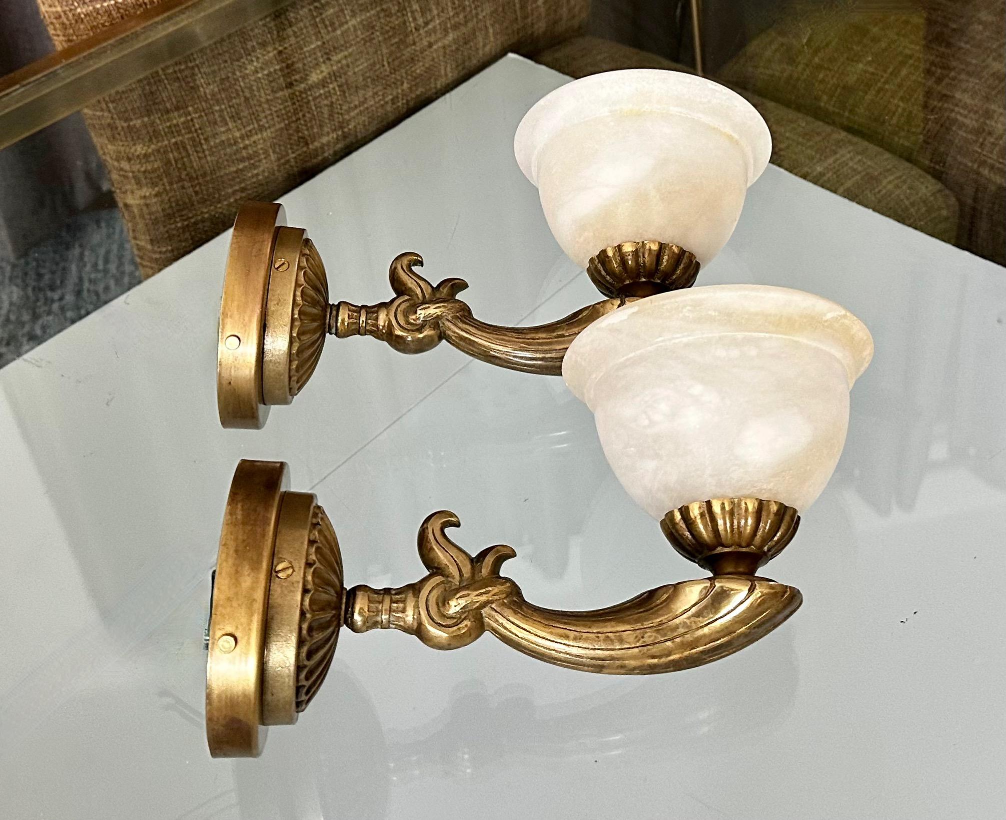 Pair Brass Alabaster French Style Wall Sconces For Sale 13