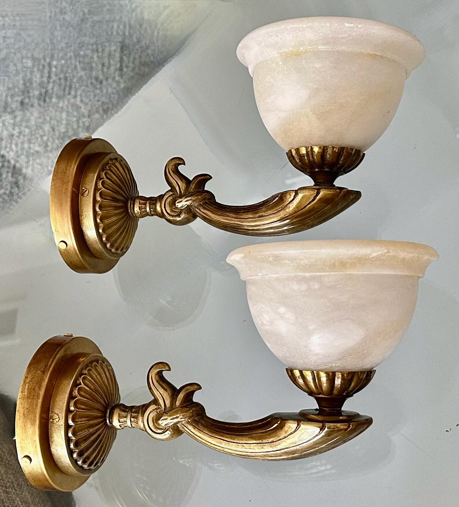 Pair Brass Alabaster French Style Wall Sconces For Sale 14