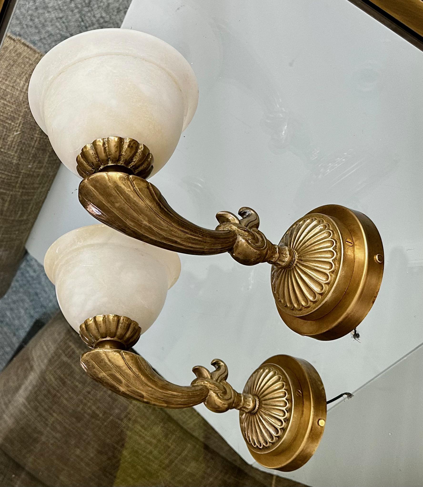 European Pair Brass Alabaster French Style Wall Sconces For Sale
