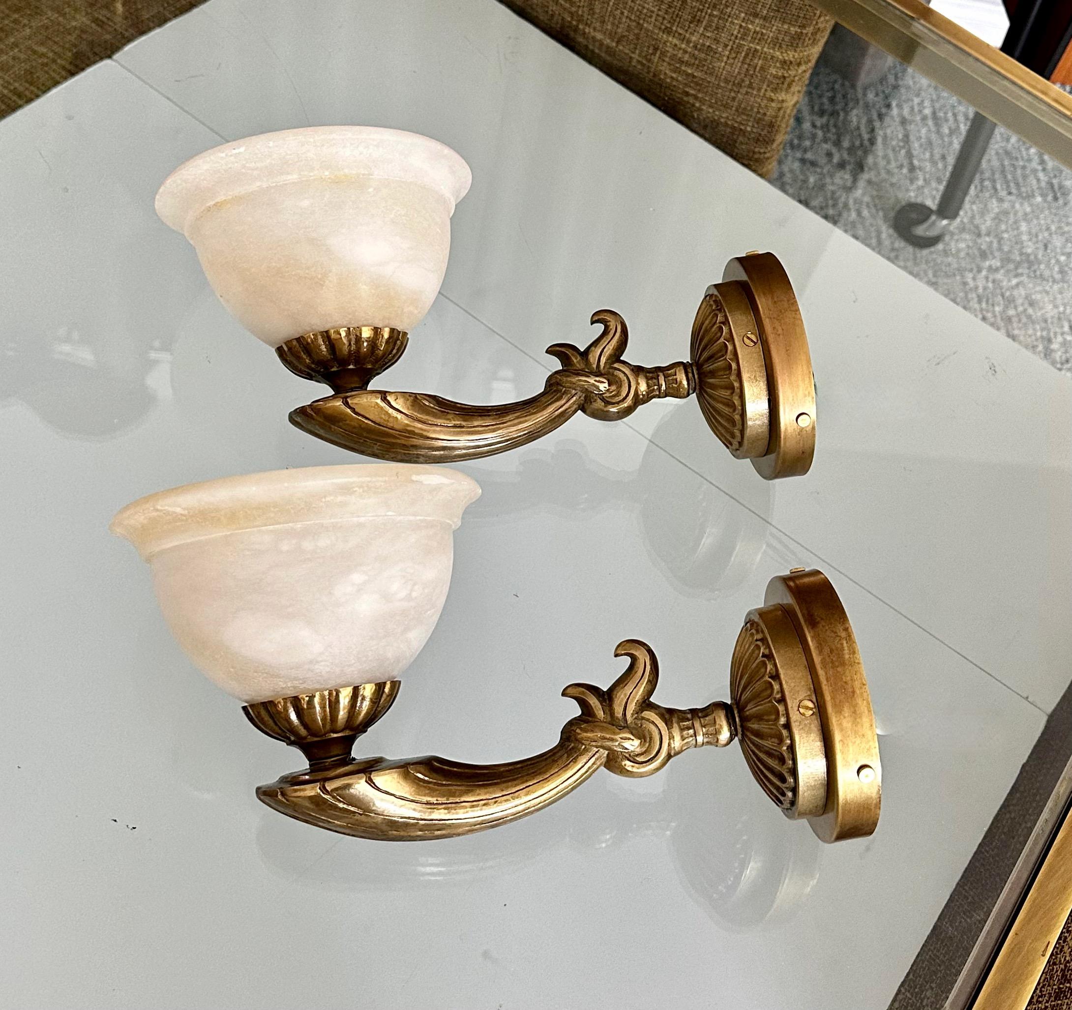 Pair Brass Alabaster French Style Wall Sconces In Good Condition For Sale In Palm Springs, CA