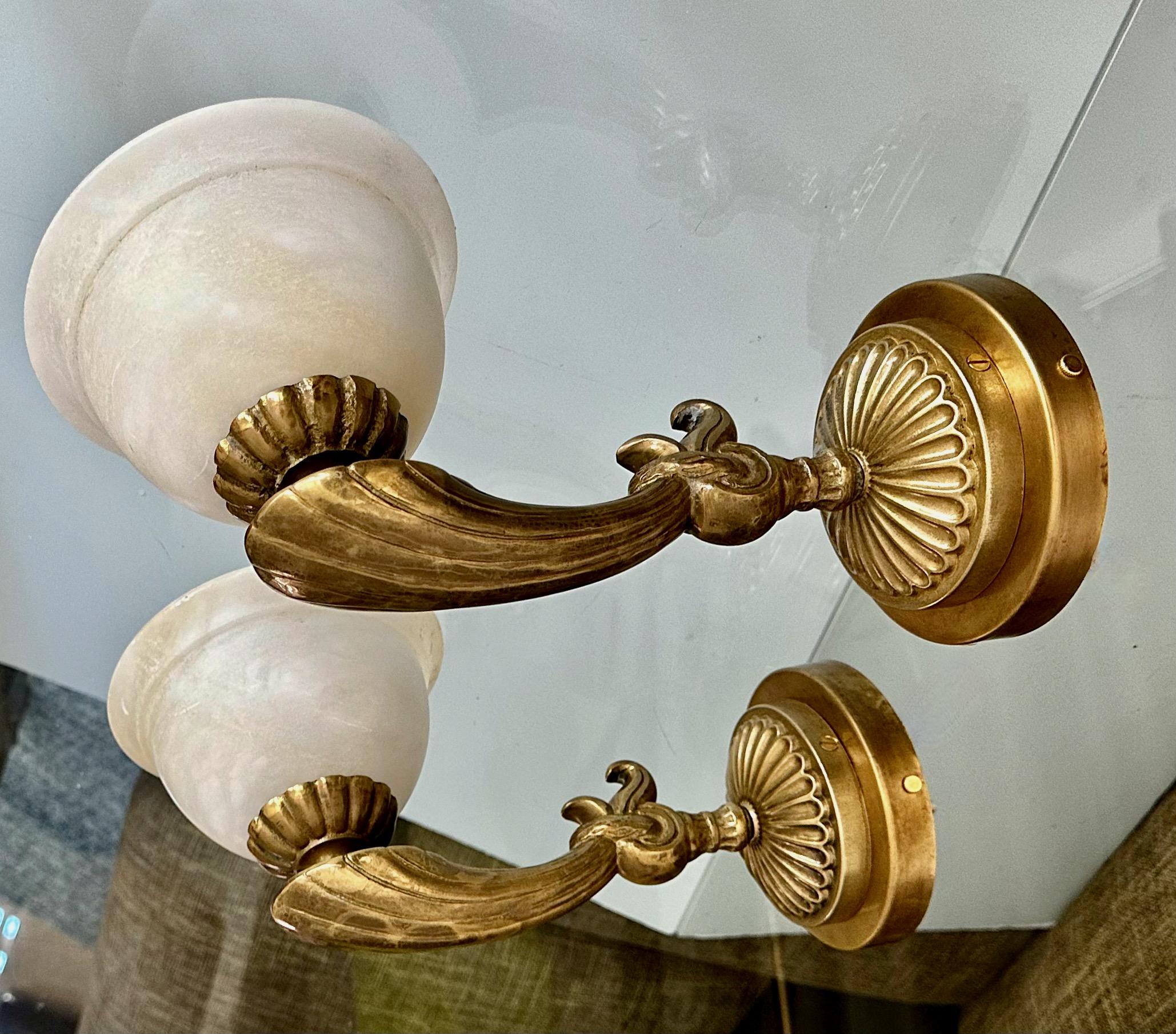 Mid-20th Century Pair Brass Alabaster French Style Wall Sconces For Sale