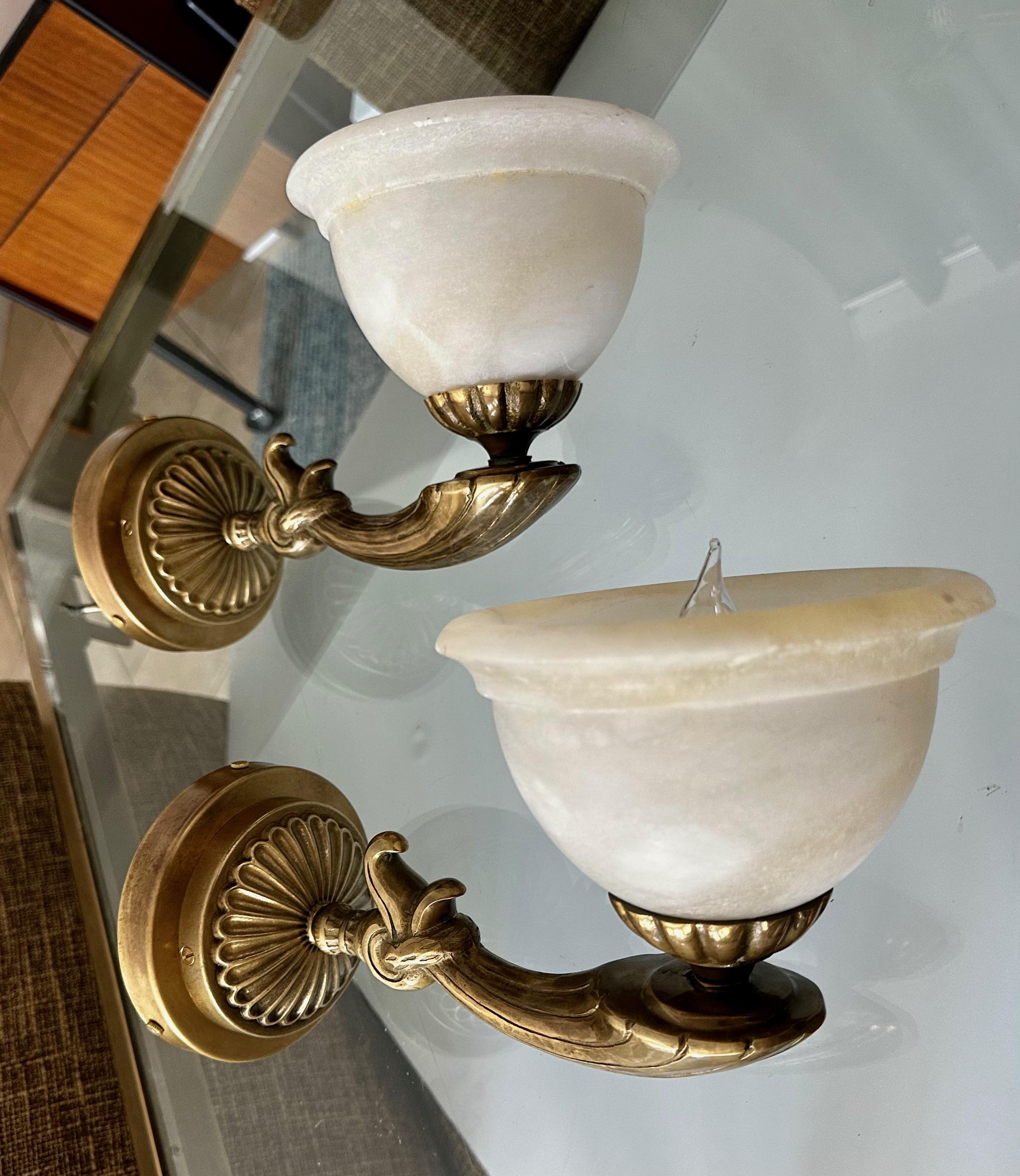 Pair Brass Alabaster French Style Wall Sconces For Sale 1
