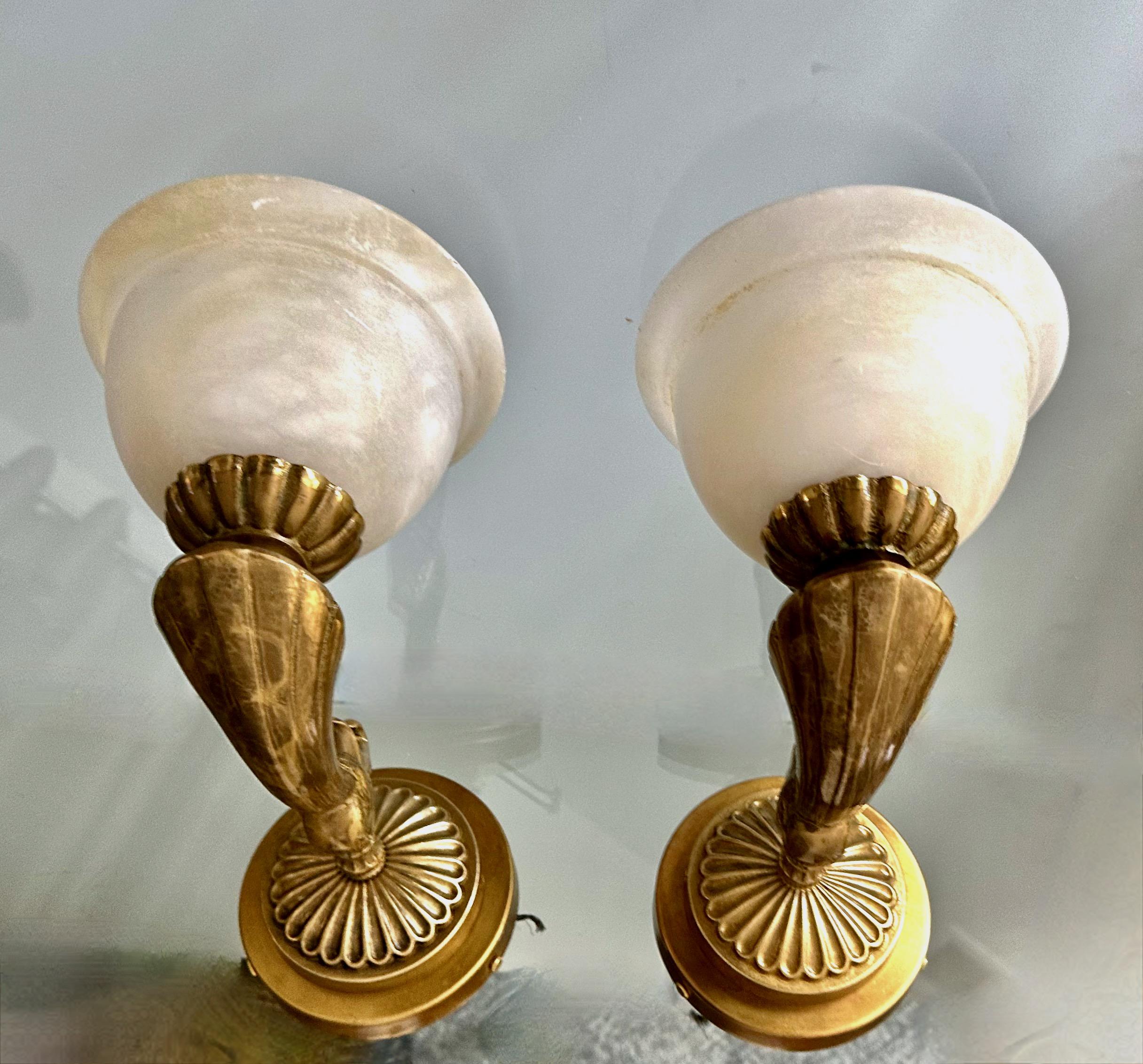 Pair Brass Alabaster French Style Wall Sconces For Sale 2