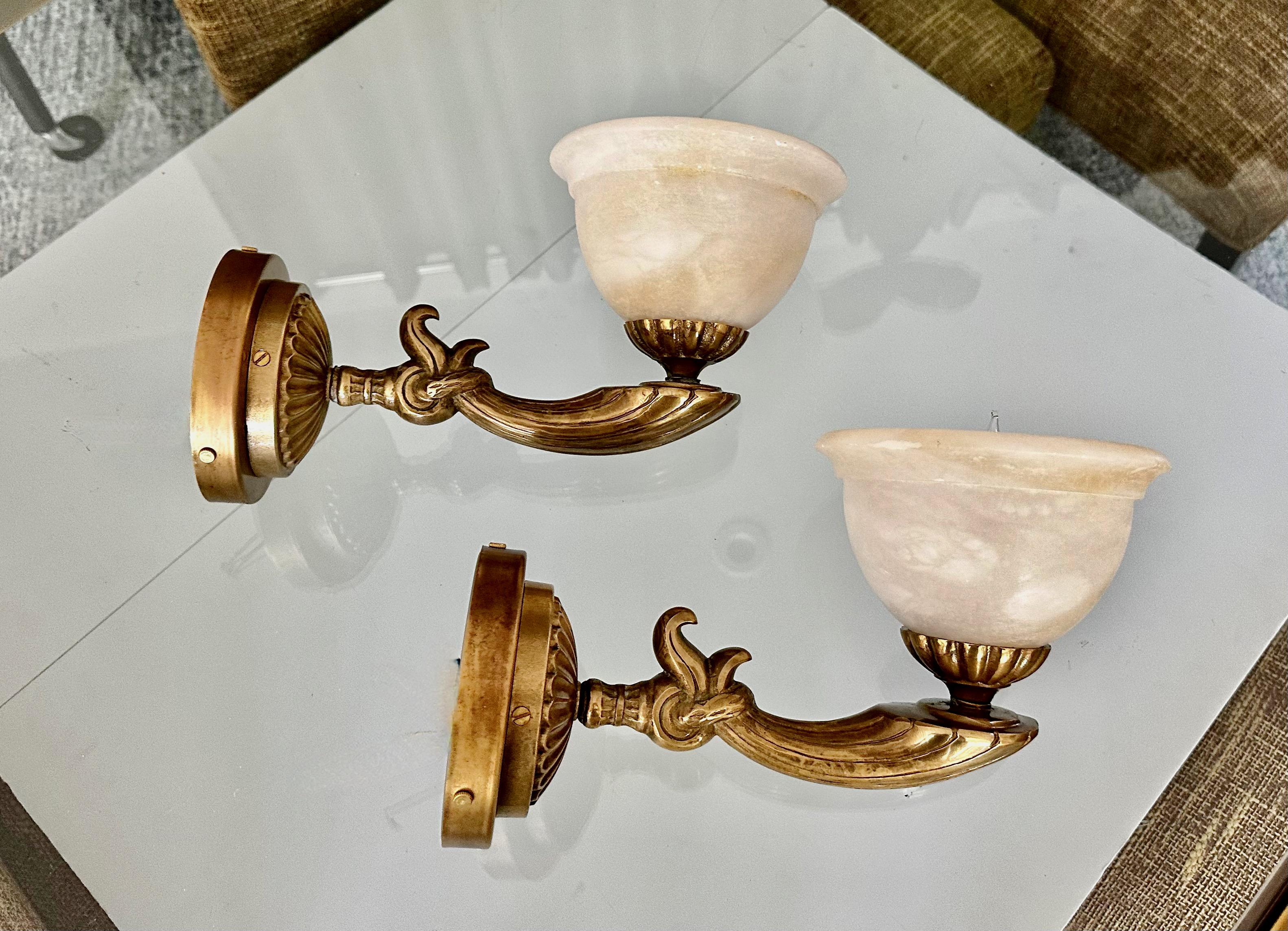 Pair Brass Alabaster French Style Wall Sconces For Sale 3