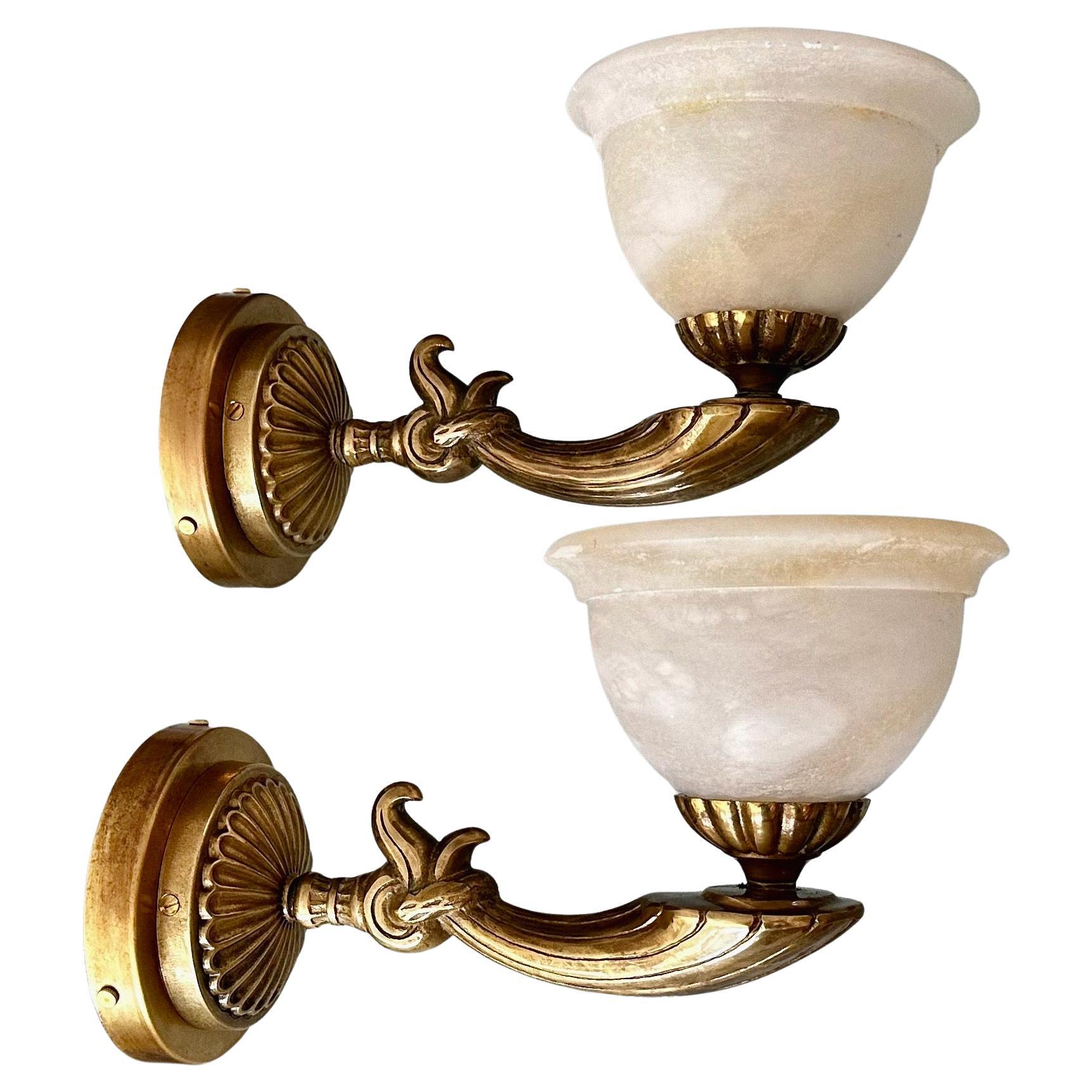 Pair Brass Alabaster French Style Wall Sconces For Sale