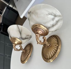 Brass Alabaster Sunburst Wall Sconces, European Design, 1980s, Pair