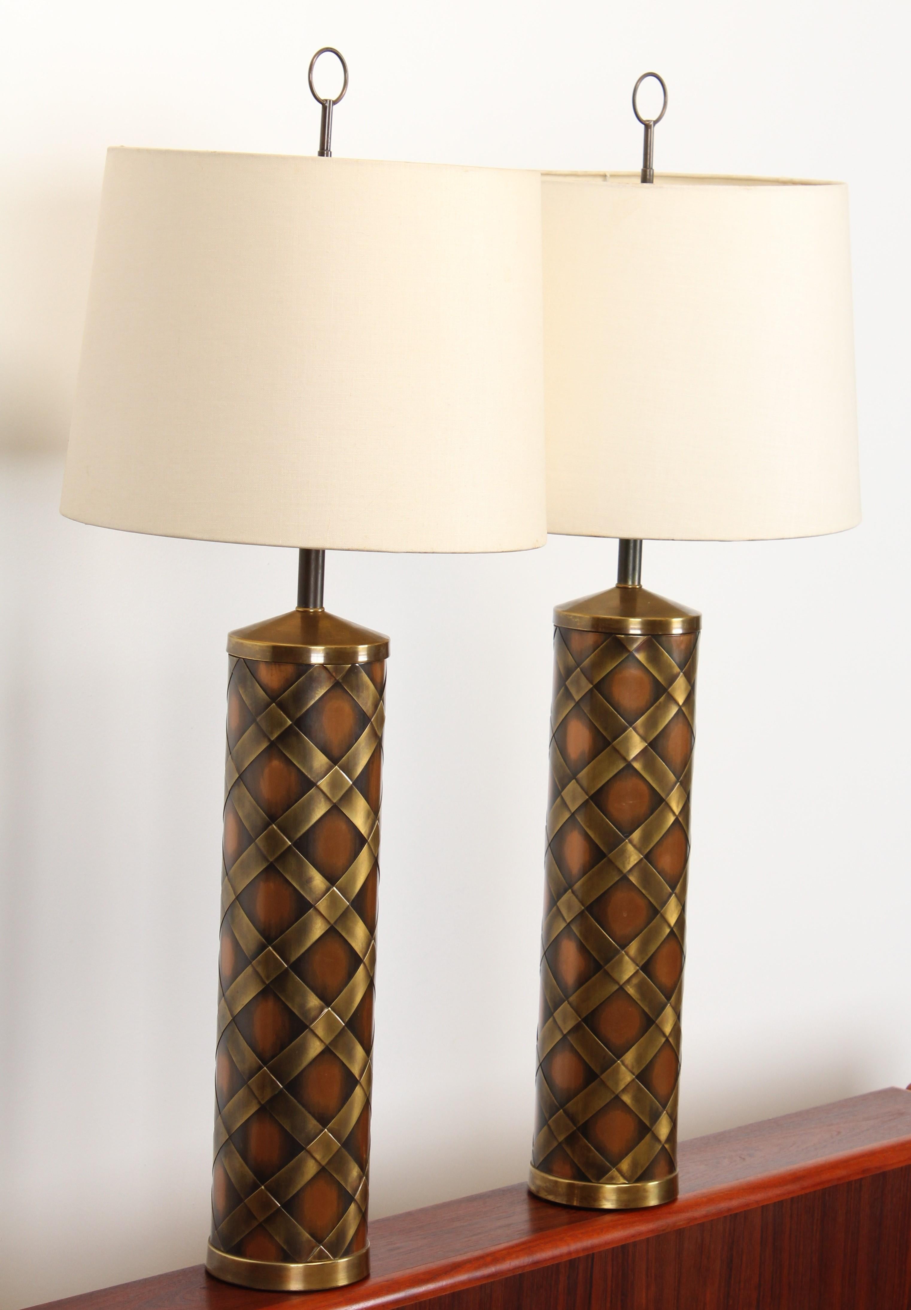 Mid-Century Modern Pair Brass and Copper Weave Parzinger style Table Lamps, 1960s