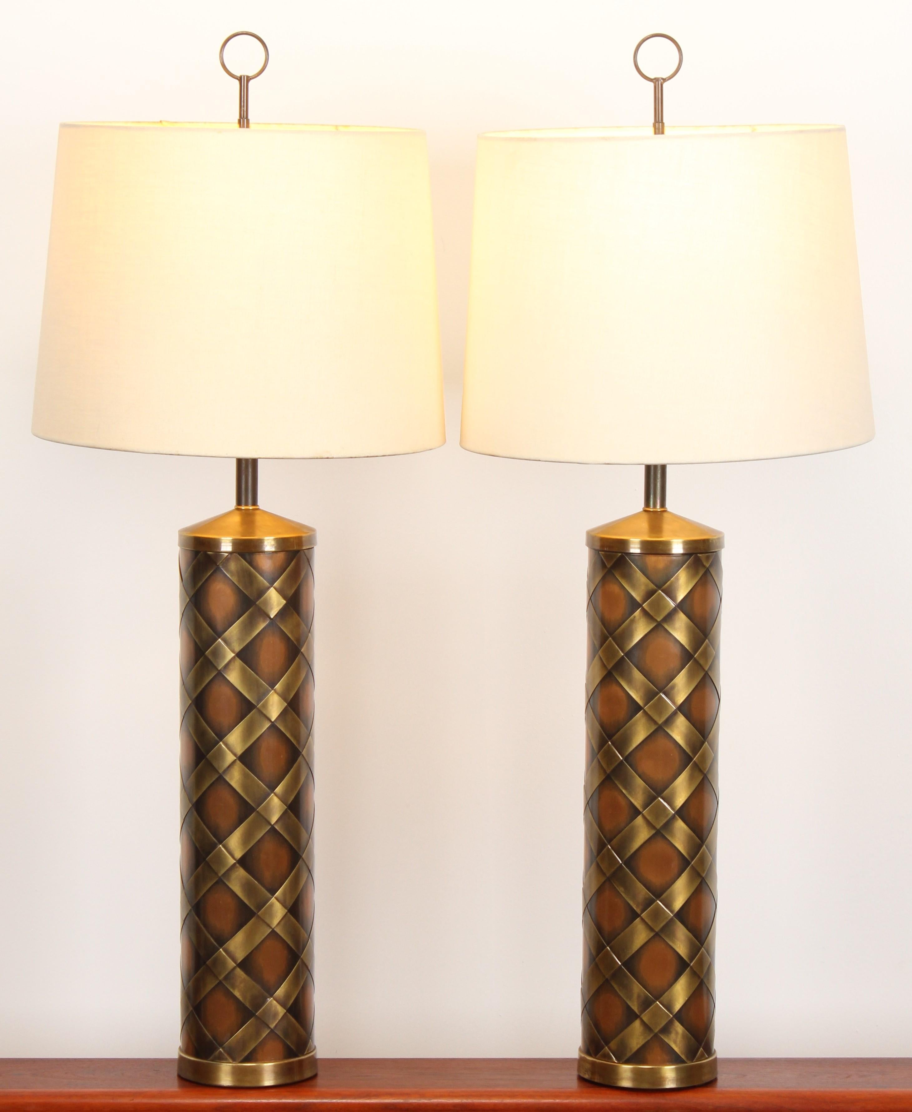 American Pair Brass and Copper Weave Parzinger style Table Lamps, 1960s