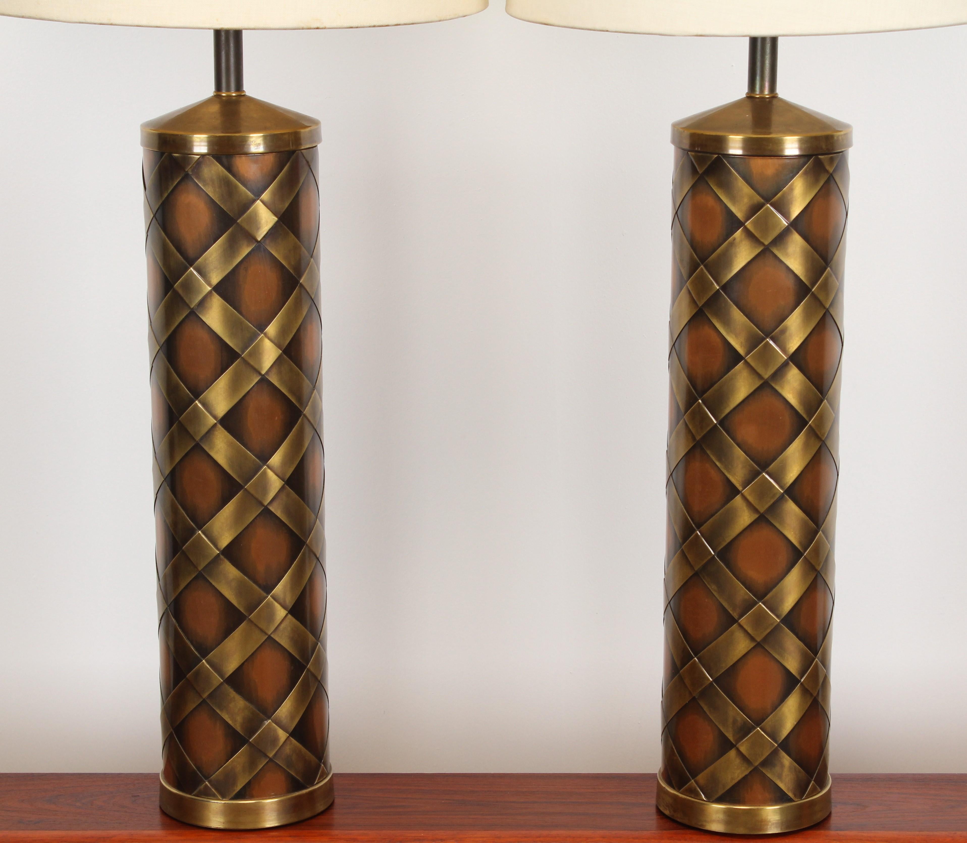 Pair Brass and Copper Weave Parzinger style Table Lamps, 1960s In Good Condition In Hamburg, PA