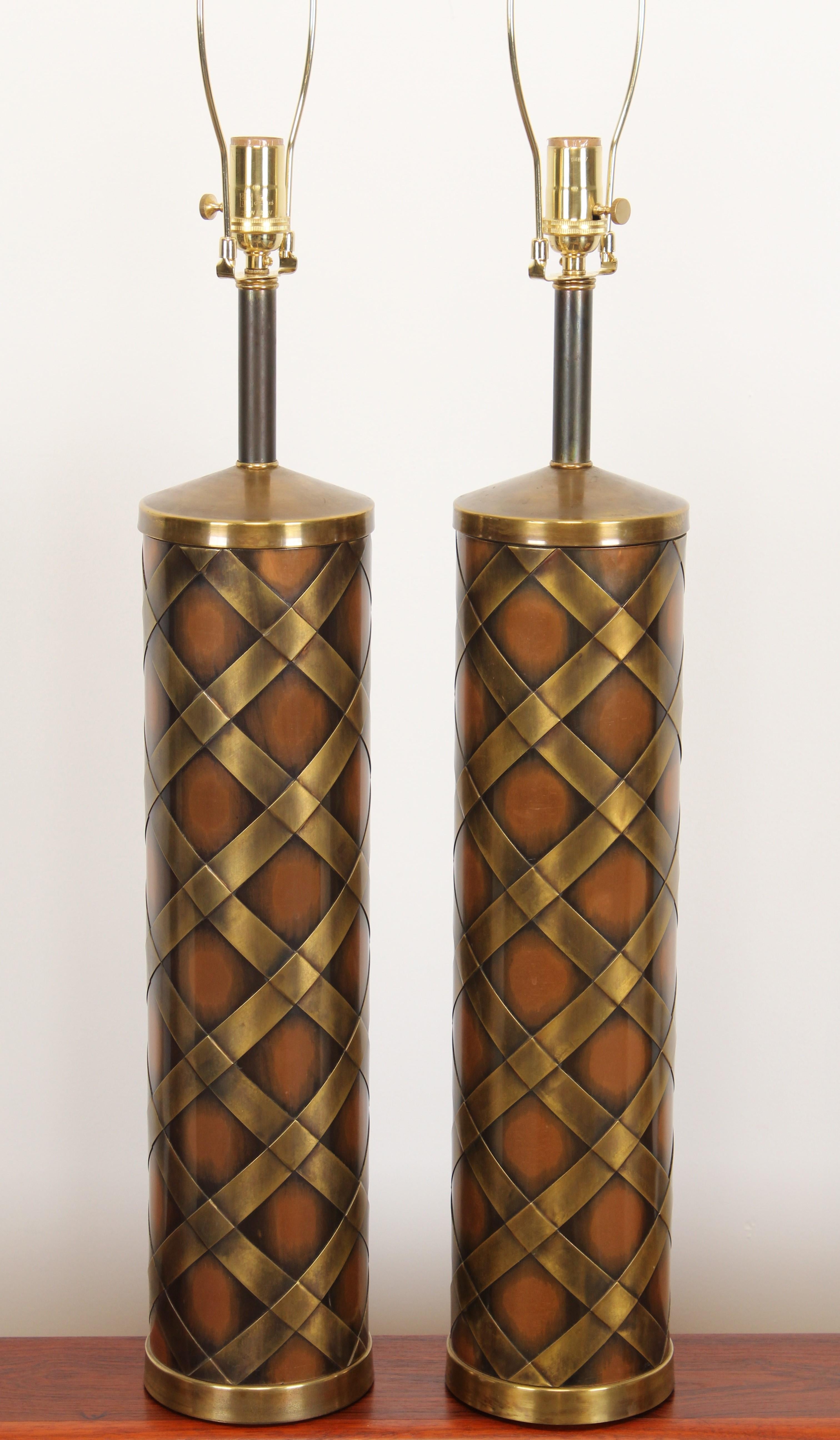 Mid-20th Century Pair Brass and Copper Weave Parzinger style Table Lamps, 1960s