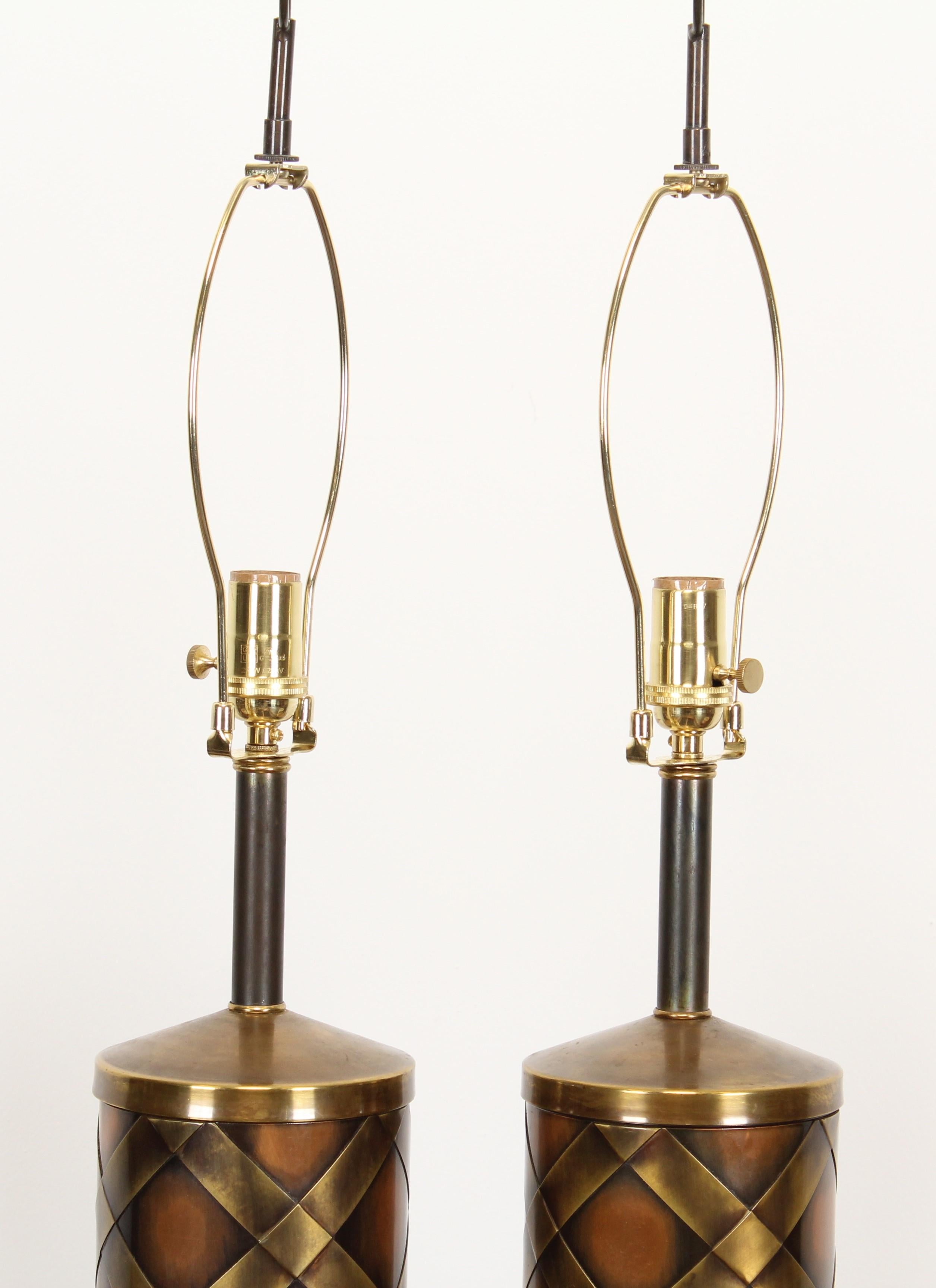 Pair Brass and Copper Weave Parzinger style Table Lamps, 1960s 1