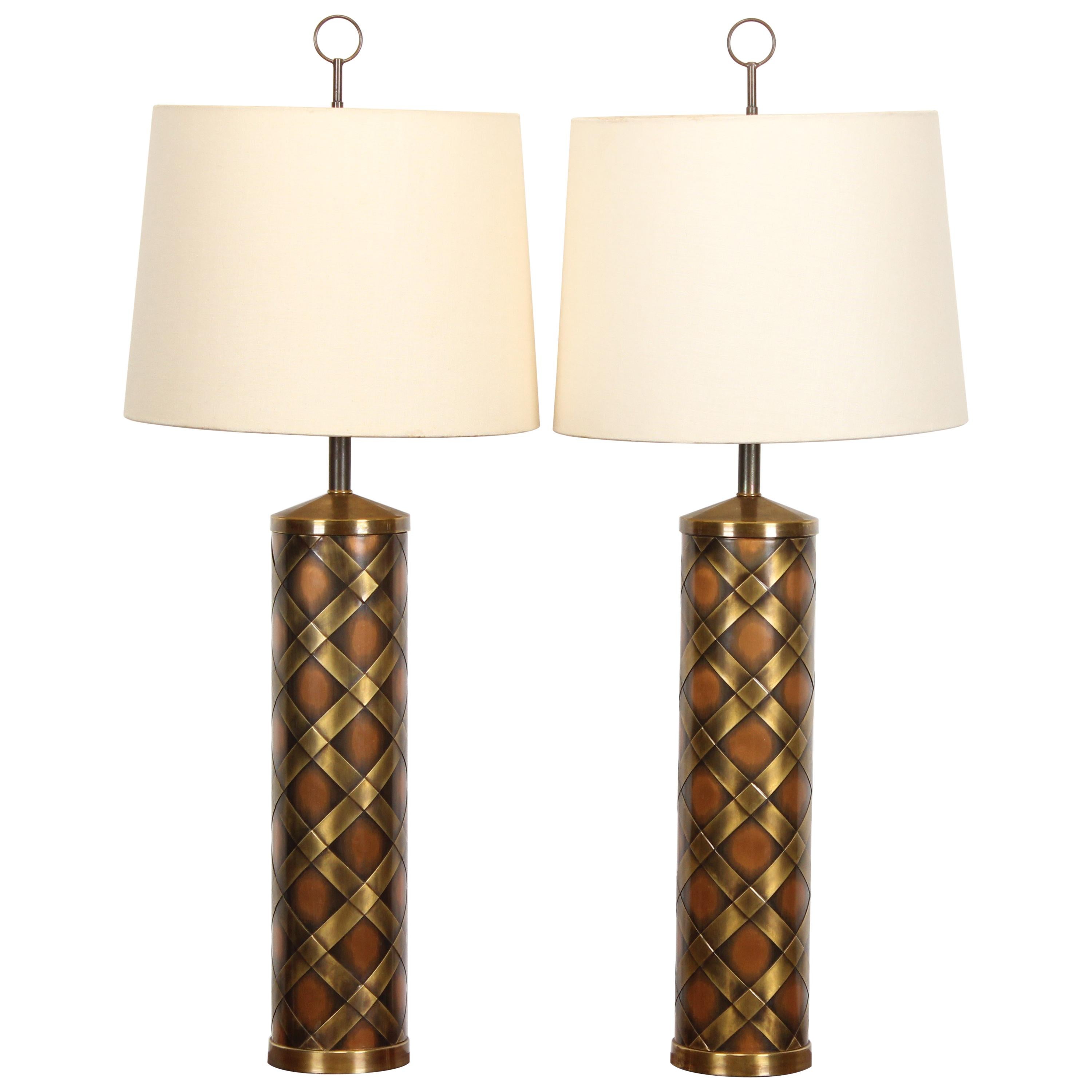 Pair Brass and Copper Weave Parzinger style Table Lamps, 1960s