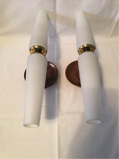 Pair of Brass and Double Milk Glass Sconces, France, 1950s