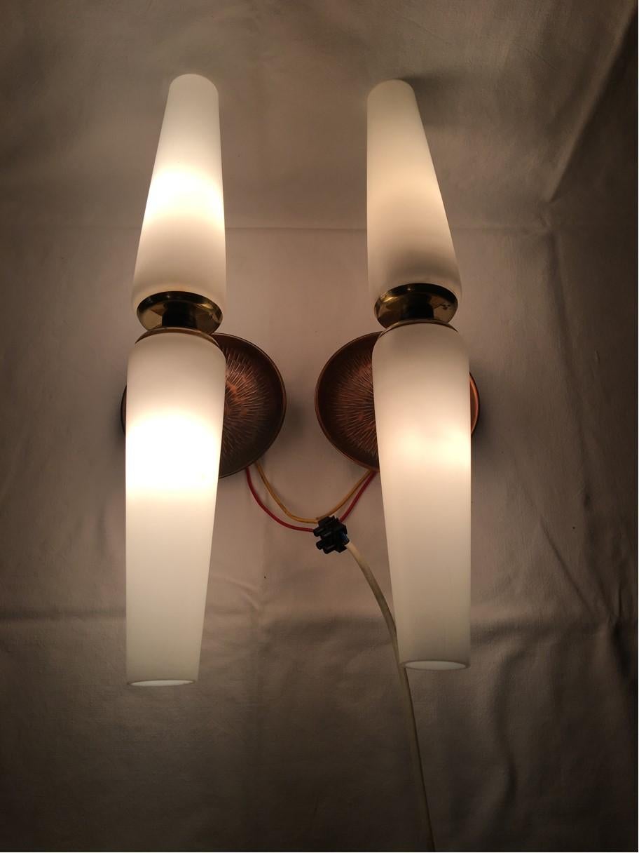 Copper Pair of Brass and Double Milk Glass Sconces, France, 1950s For Sale