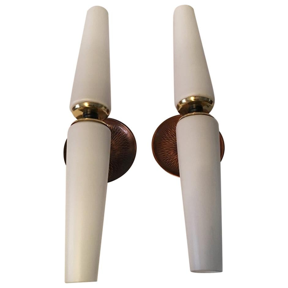 Pair of Brass and Double Milk Glass Sconces, France, 1950s For Sale
