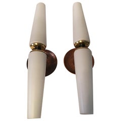 Pair of Brass and Double Milk Glass Sconces, France, 1950s