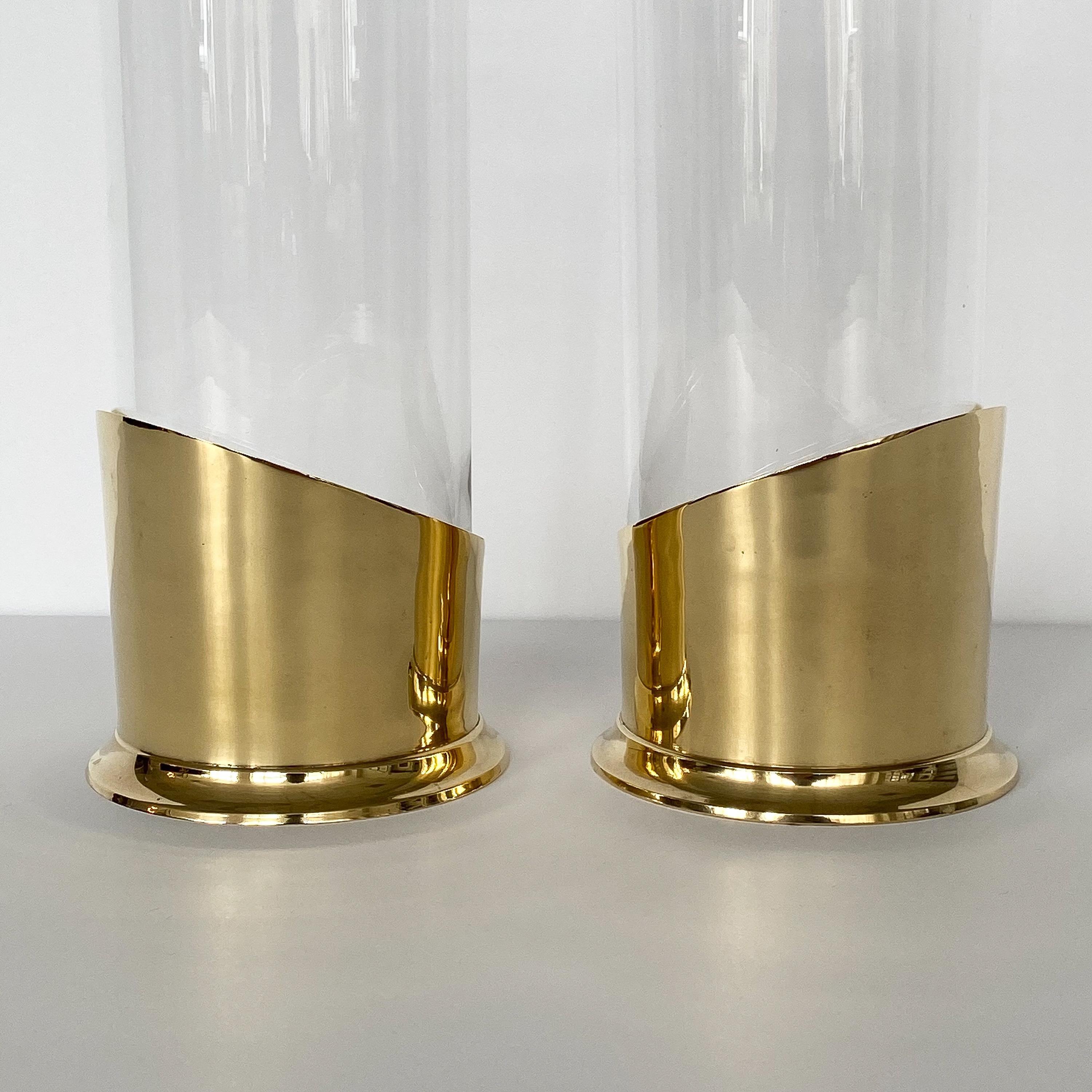 Pair of Brass and Glass Hurricane Candleholders / Vases 4