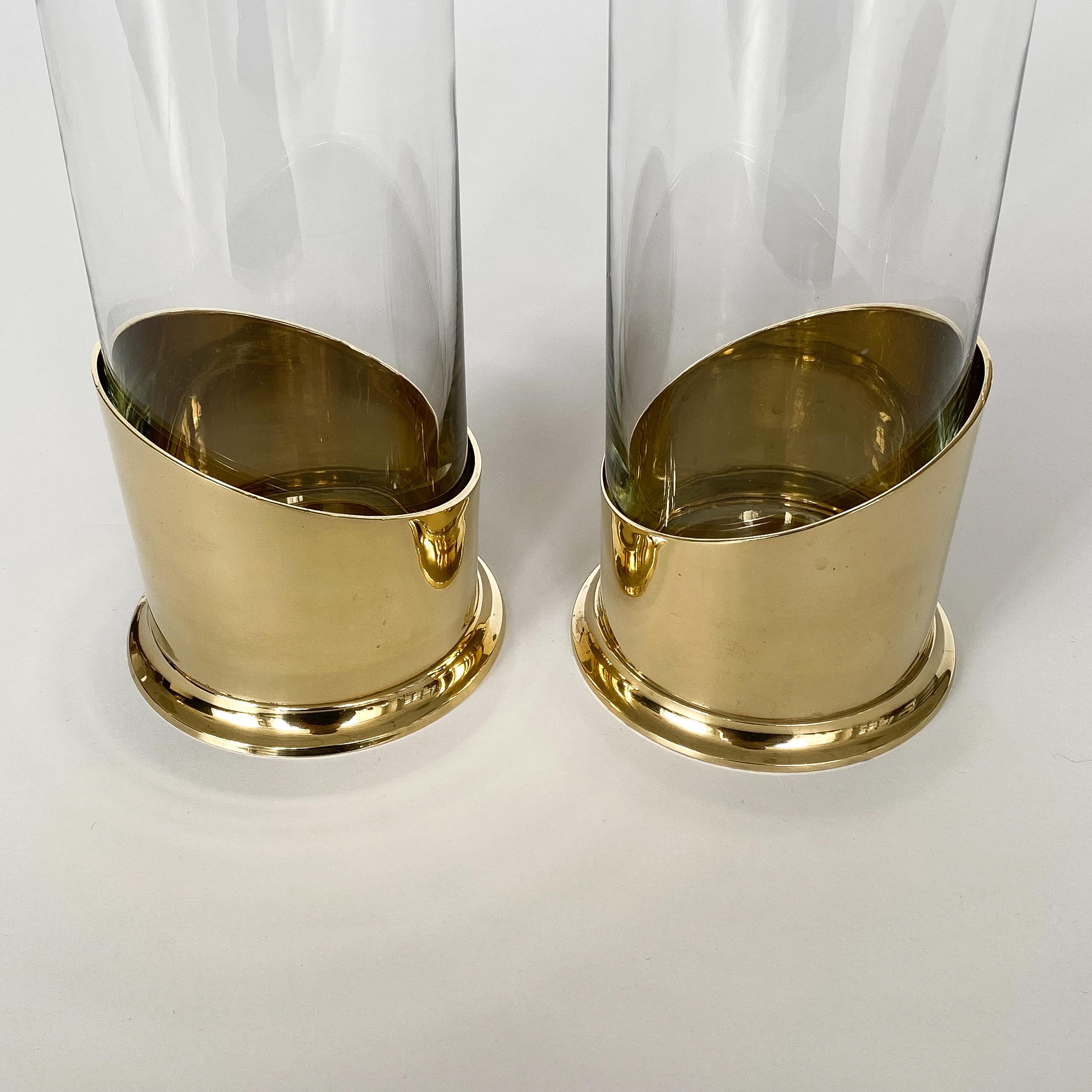 Pair of Brass and Glass Hurricane Candleholders / Vases 5