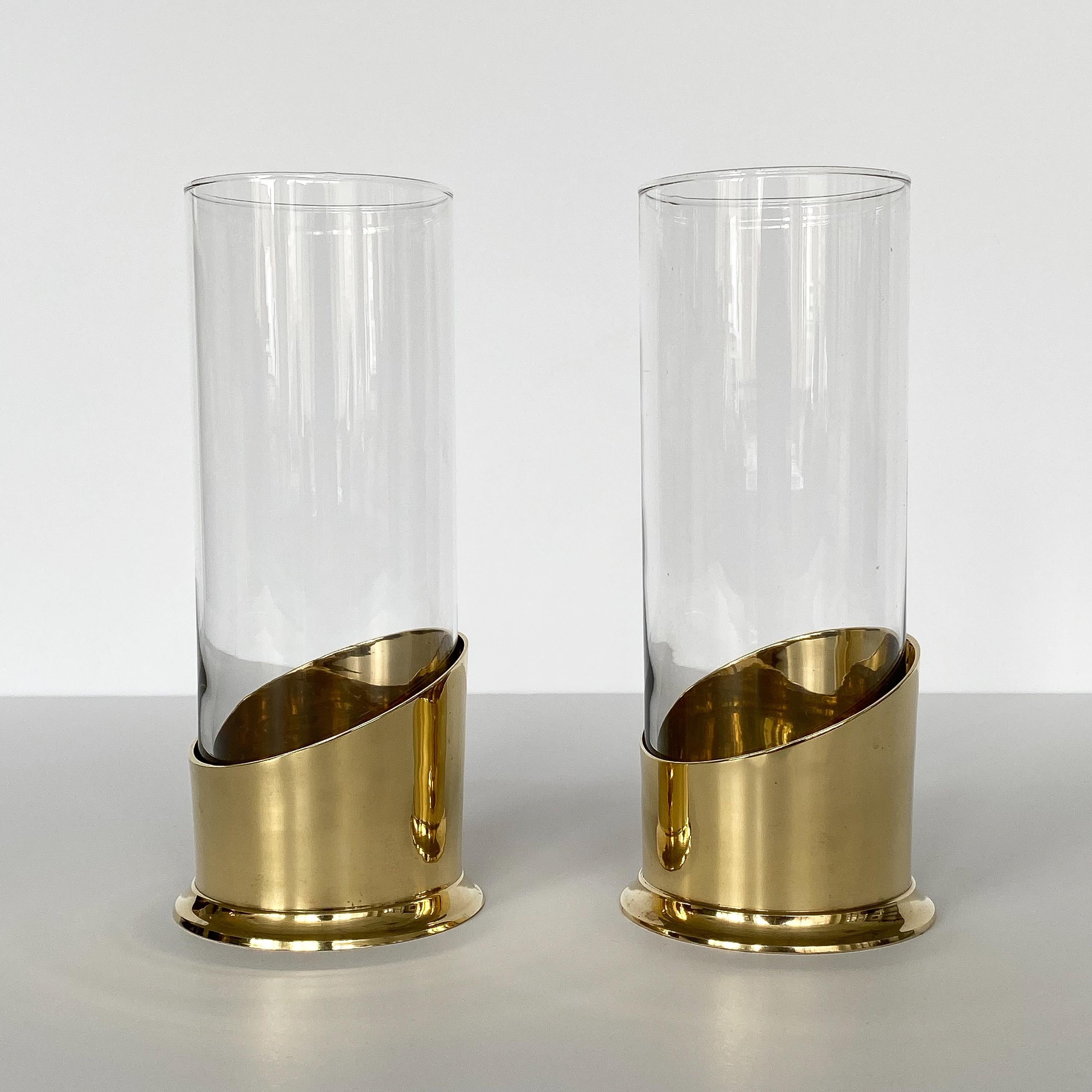 Mid-Century Modern Pair of Brass and Glass Hurricane Candleholders / Vases