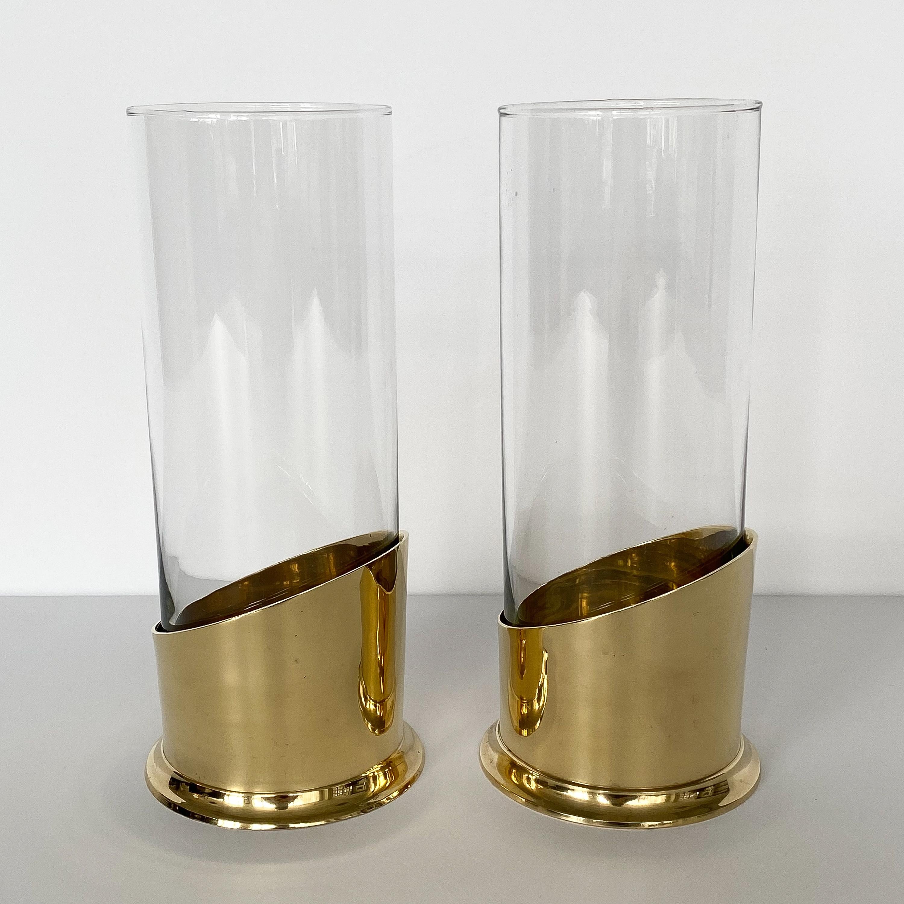 American Pair of Brass and Glass Hurricane Candleholders / Vases