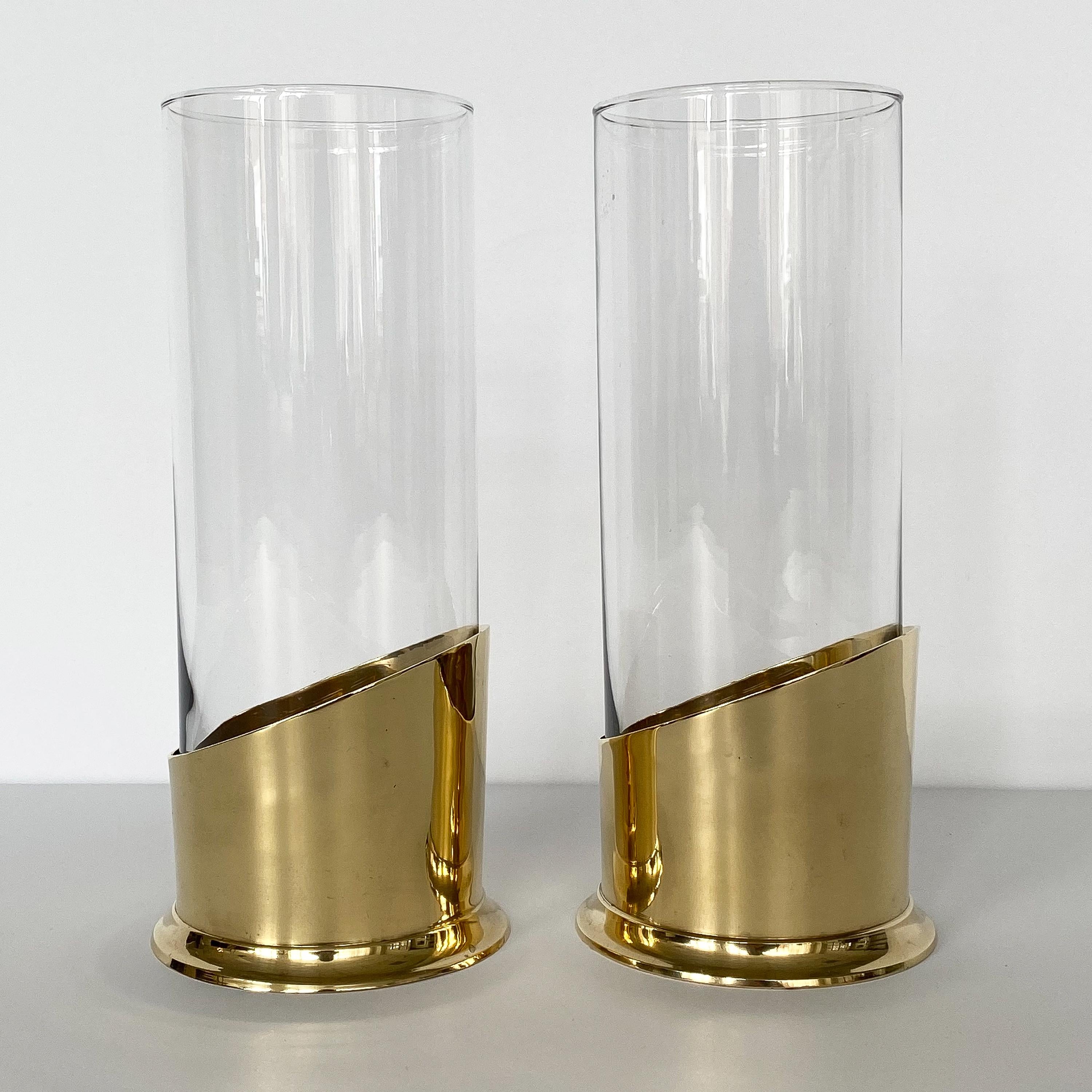 Pair of Brass and Glass Hurricane Candleholders / Vases In Good Condition In Chicago, IL